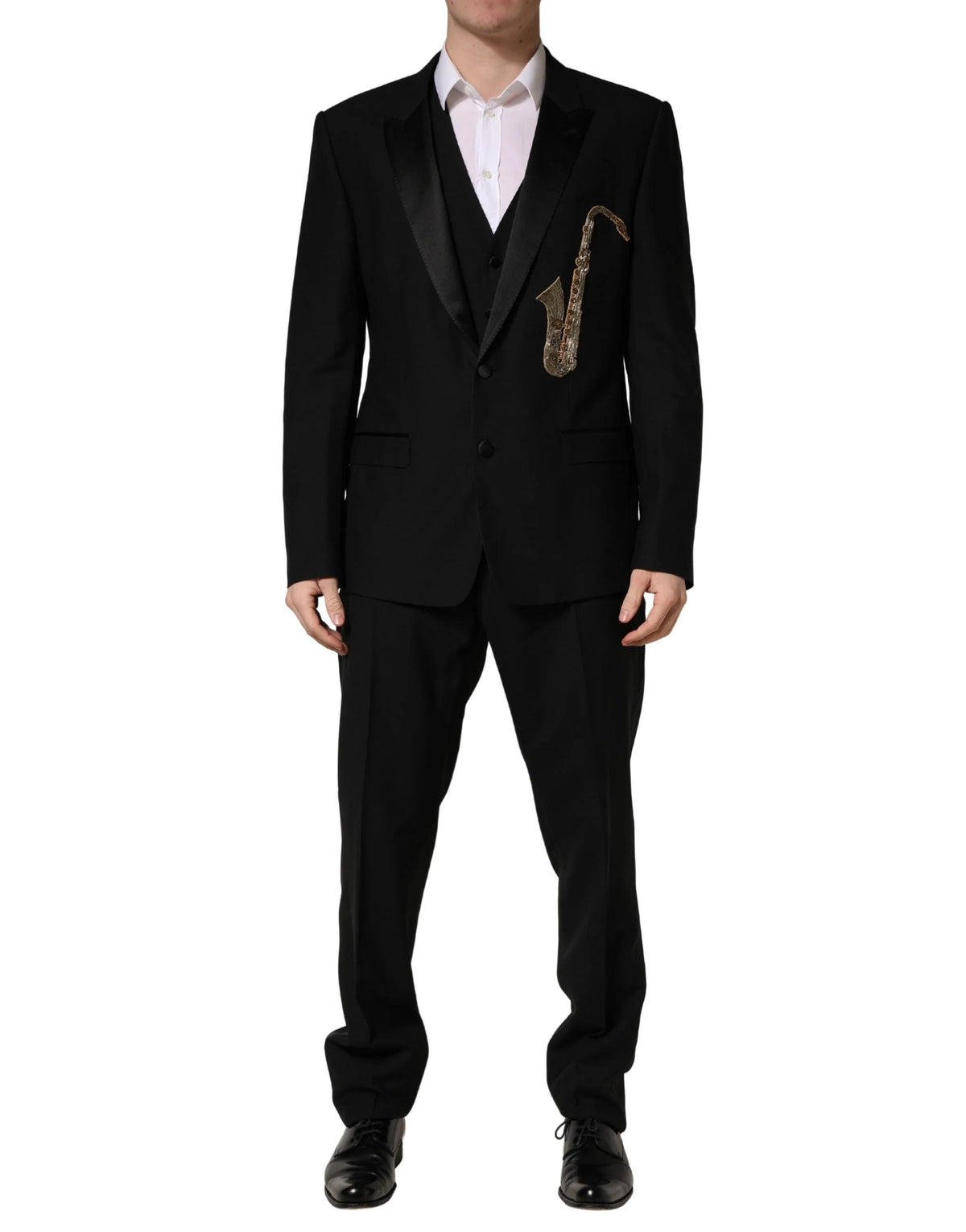 Dolce & Gabbana Schwarzer Woll-Seide Saxophone Slim Fit 3-teiliger Anzug - XL