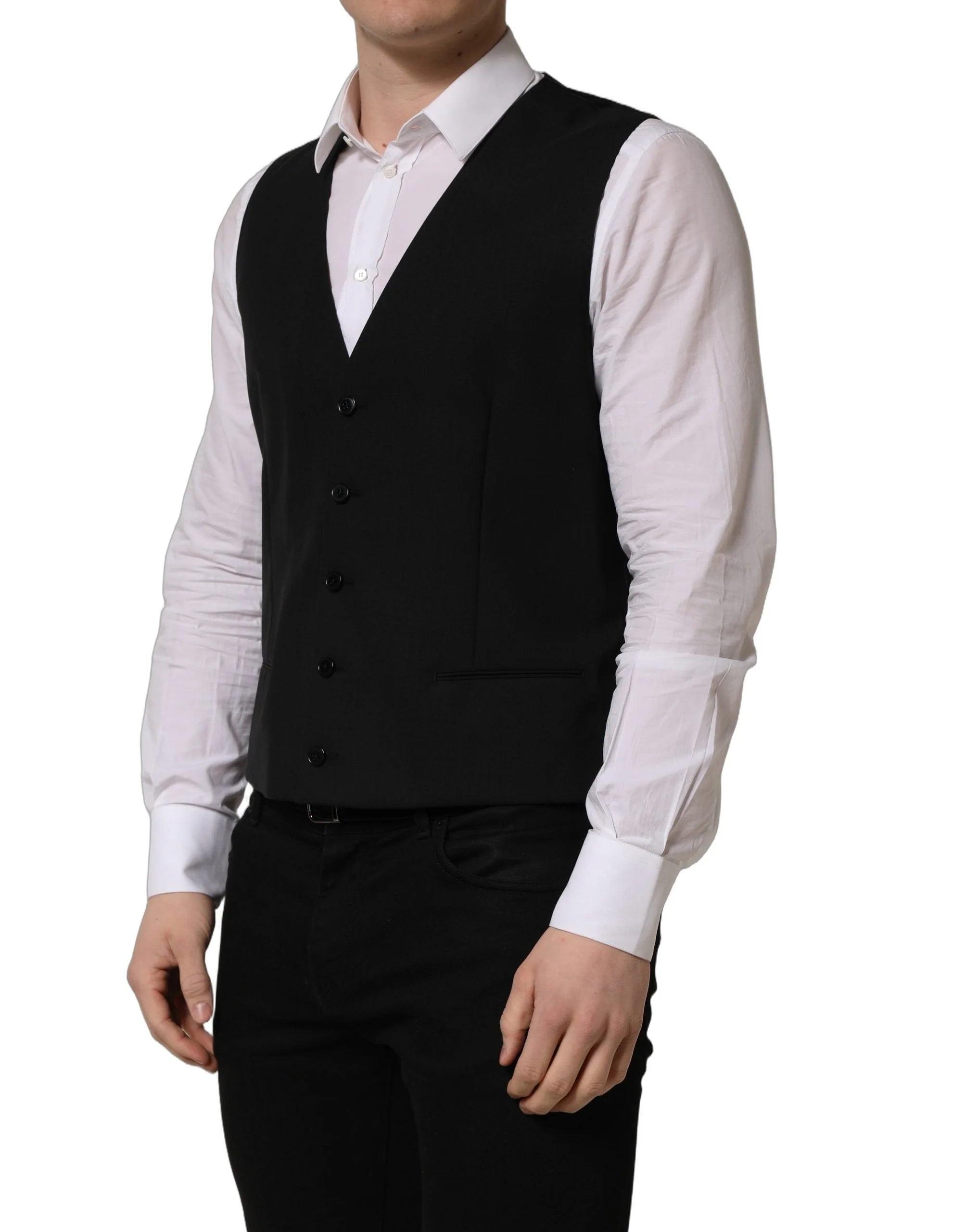 Dolce & Gabbana Black Wool Single Breasted Waistcoat Vest - IT52 | XL
