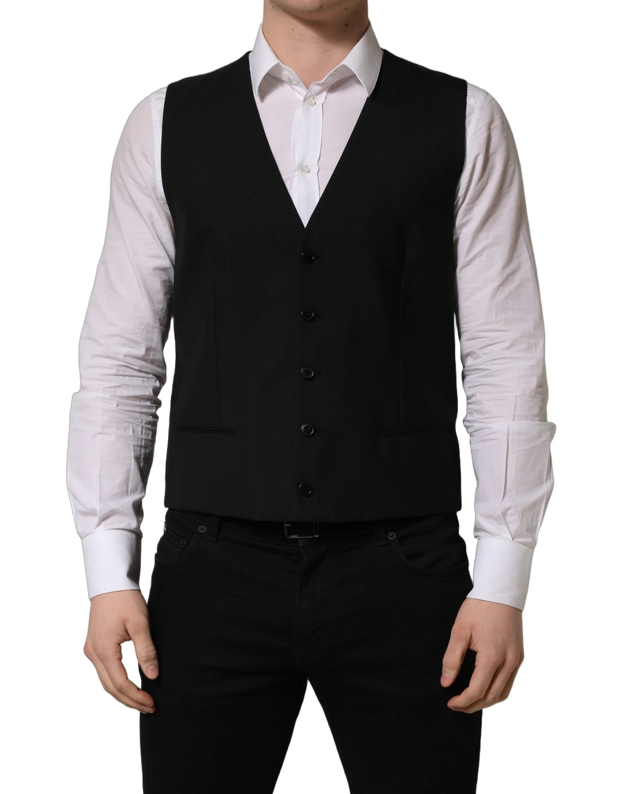 Dolce & Gabbana Black Wool Single Breasted Waistcoat Vest - IT52 | XL