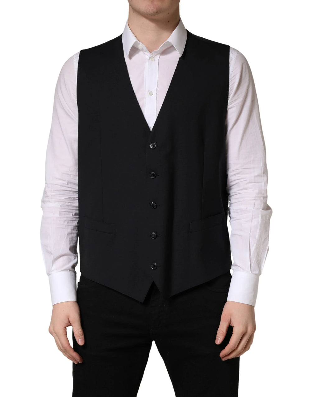Dolce & Gabbana Black Wool Single Breasted Waistcoat Vest - IT56 | XXL