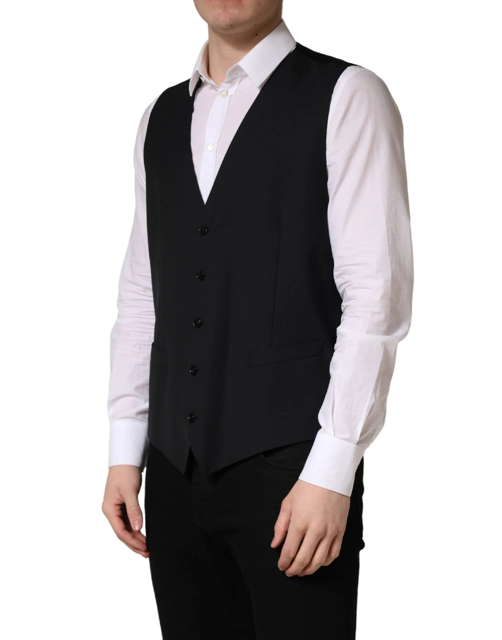 Dolce & Gabbana Black Wool Single Breasted Waistcoat Vest - IT56 | XXL