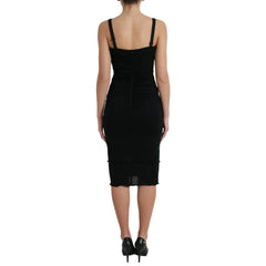 Dolce & Gabbana Black Wool Sleeveless Rose Applique Dress - Dresses