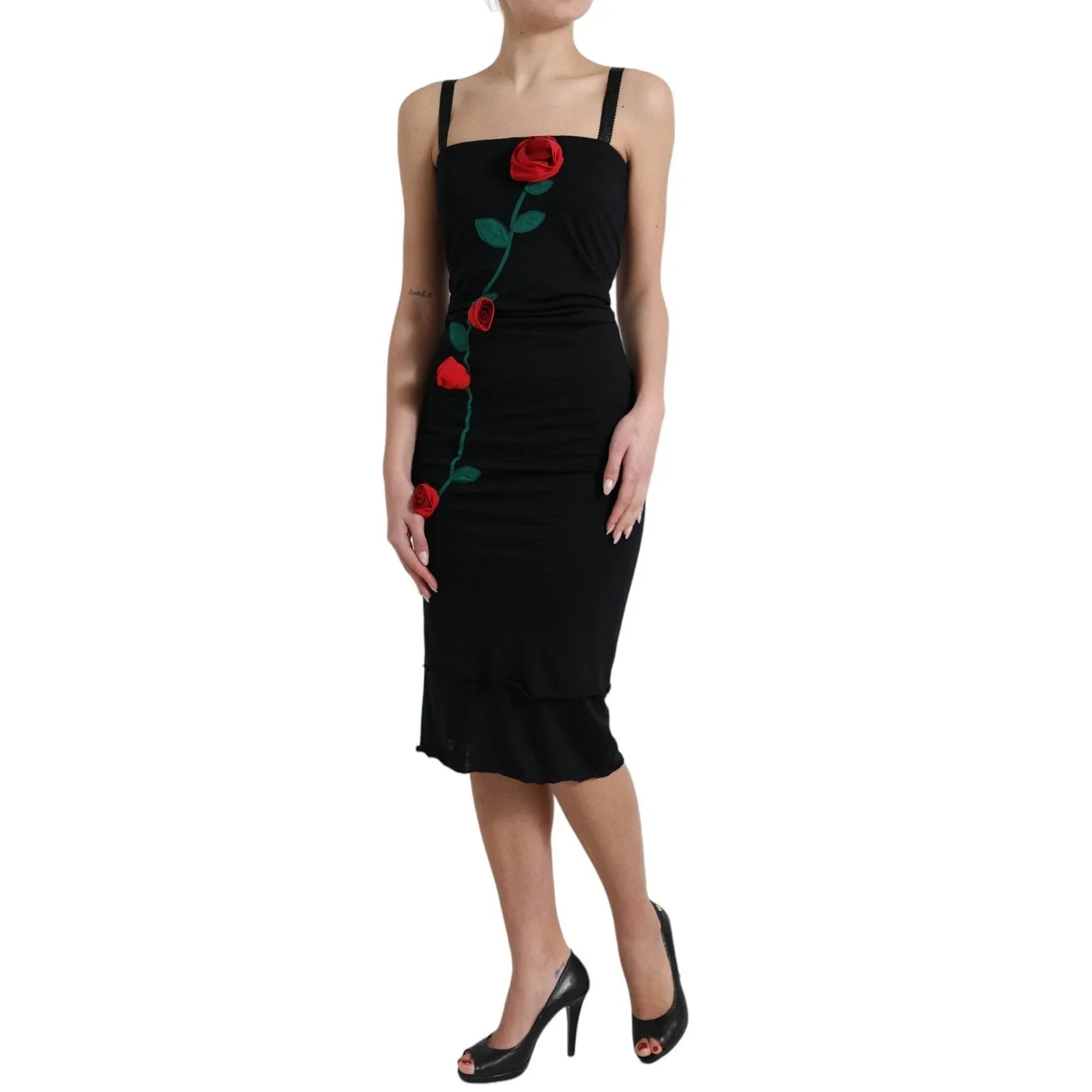 Dolce & Gabbana Black Wool Sleeveless Rose Applique Dress - Dresses