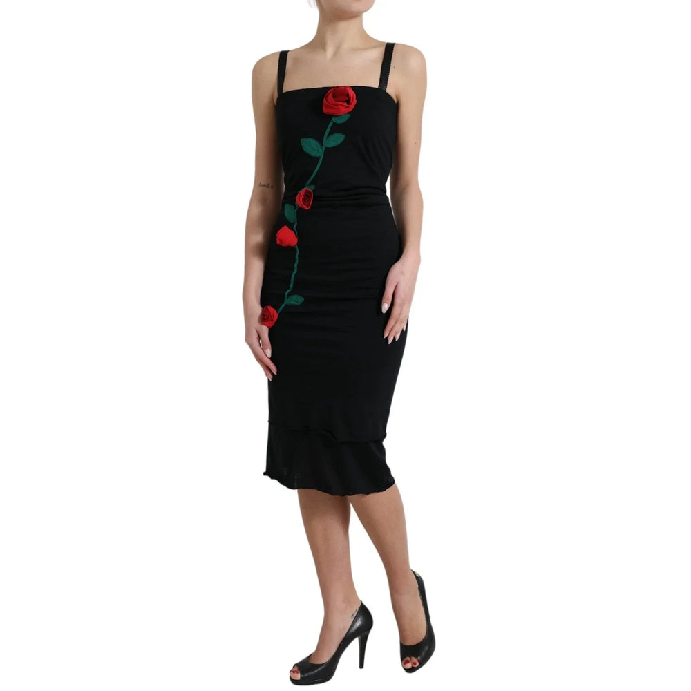 Dolce & Gabbana Black Wool Sleeveless Rose Applique Dress - Dresses