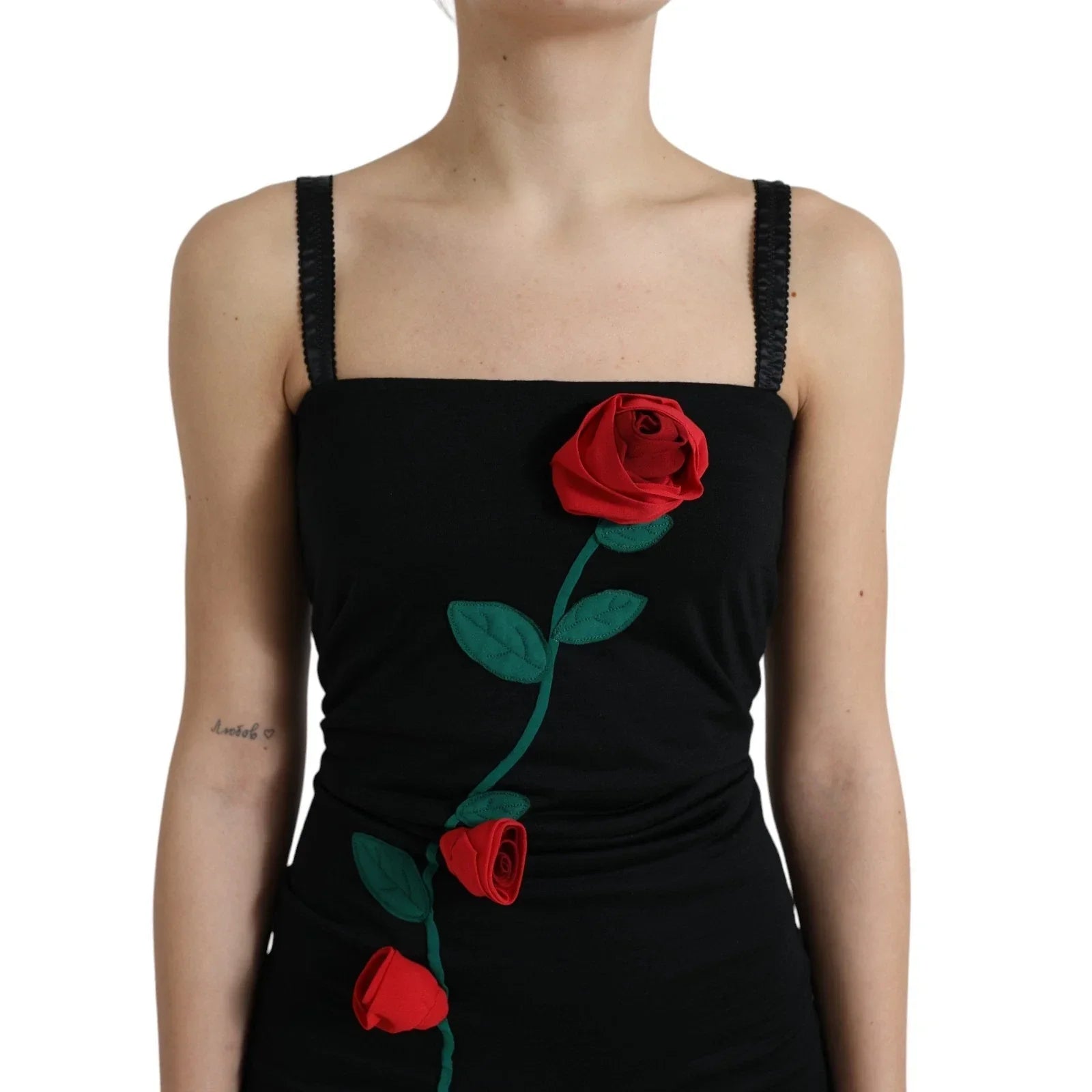 Dolce & Gabbana Black Wool Sleeveless Rose Applique Dress - Dresses