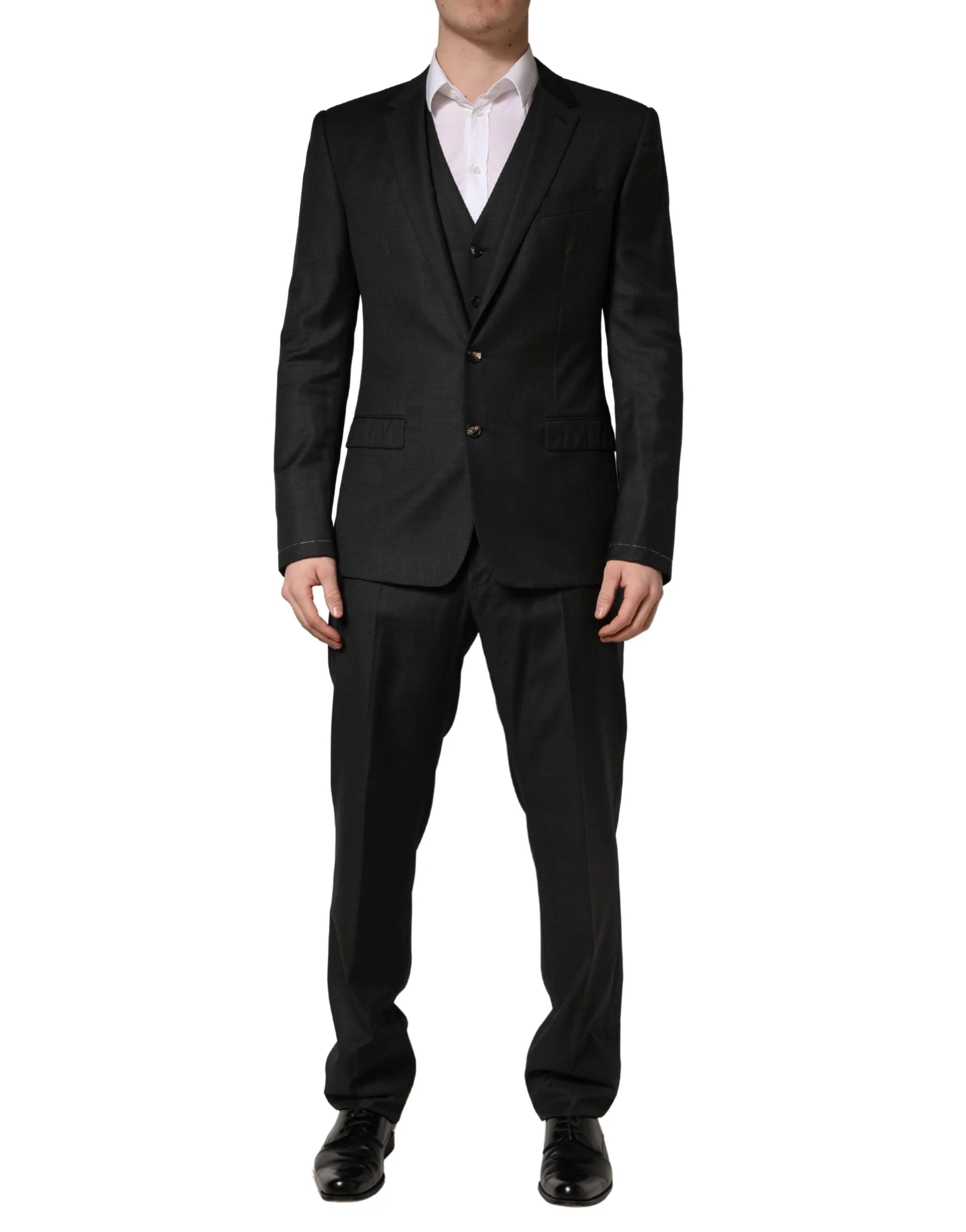 Dolce & Gabbana Czarny Wełniany Garnitur Męski Slim Fit 3-Częściowy - IT50 | L