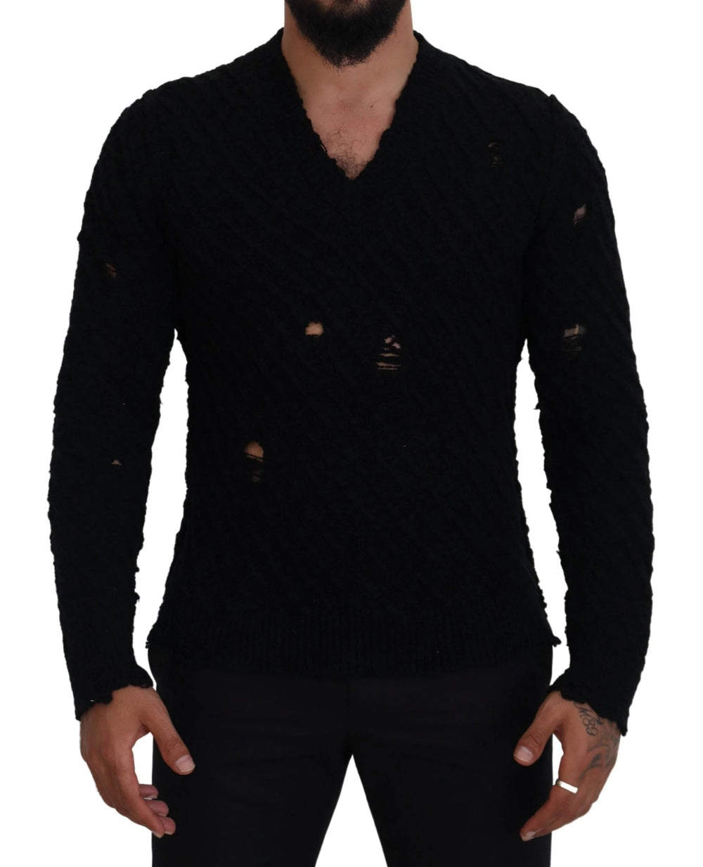 Dolce & Gabbana Black Wool V-neck Knitted Pullover Sweater - Sweaters