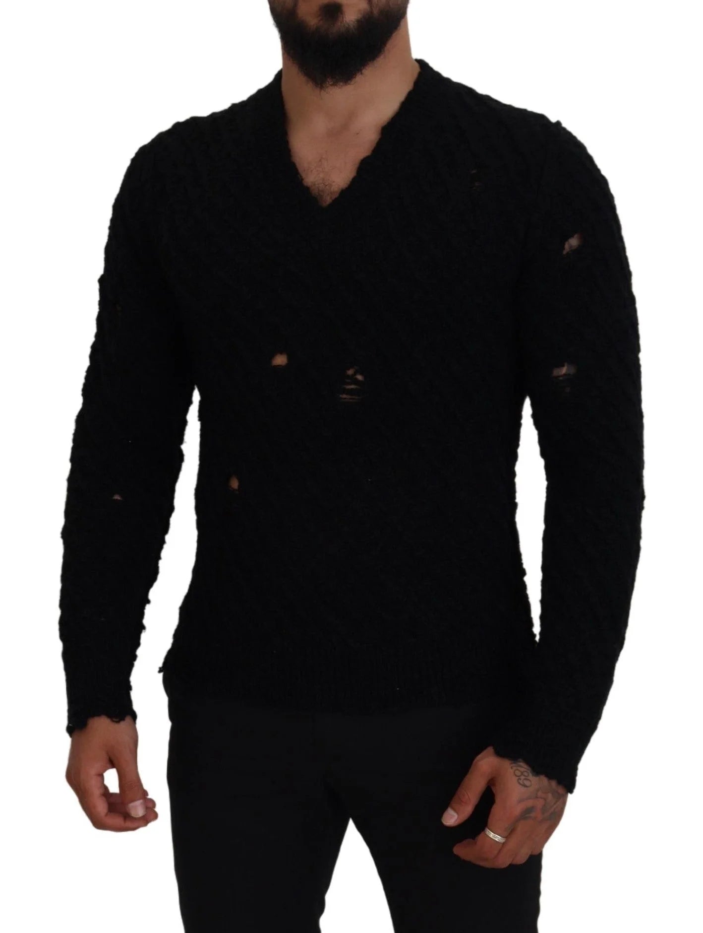 Dolce & Gabbana Black Wool V-neck Knitted Pullover Sweater - Sweaters