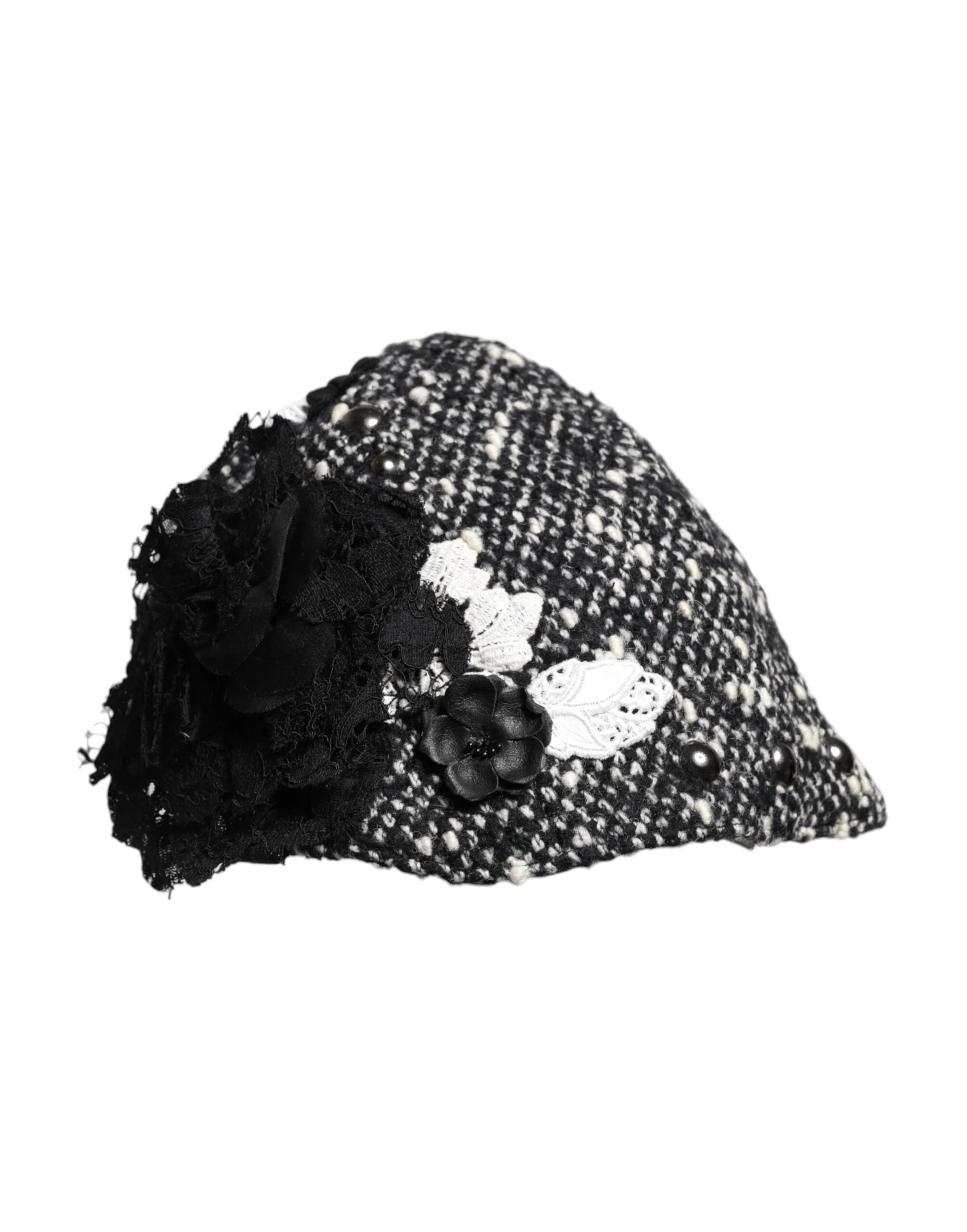 Dolce & Gabbana Black Wool White Floral Embellished Cloche Hat - Hats