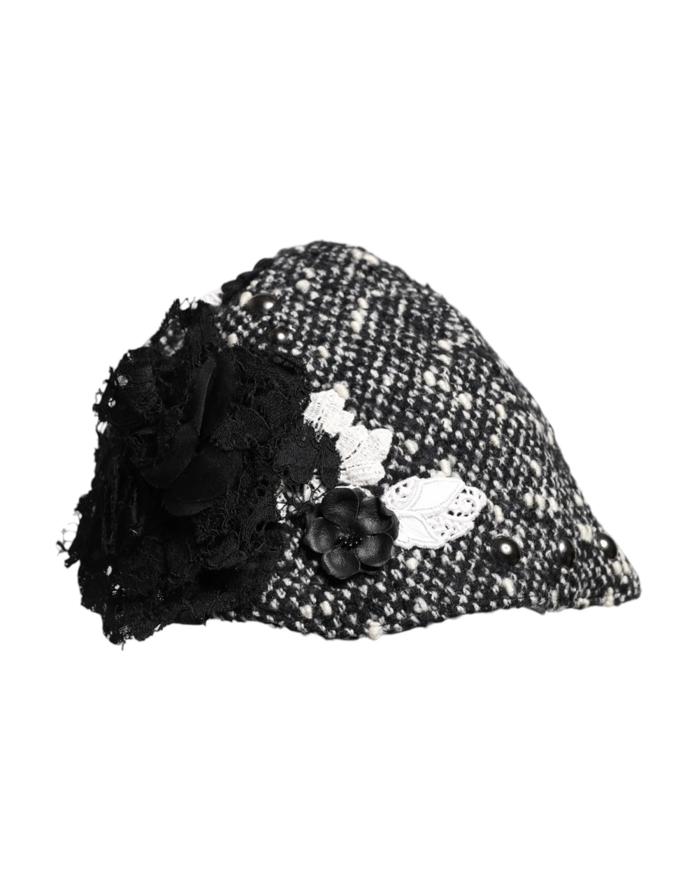 Dolce & Gabbana Black Wool White Floral Embellished Cloche Hat - Hats