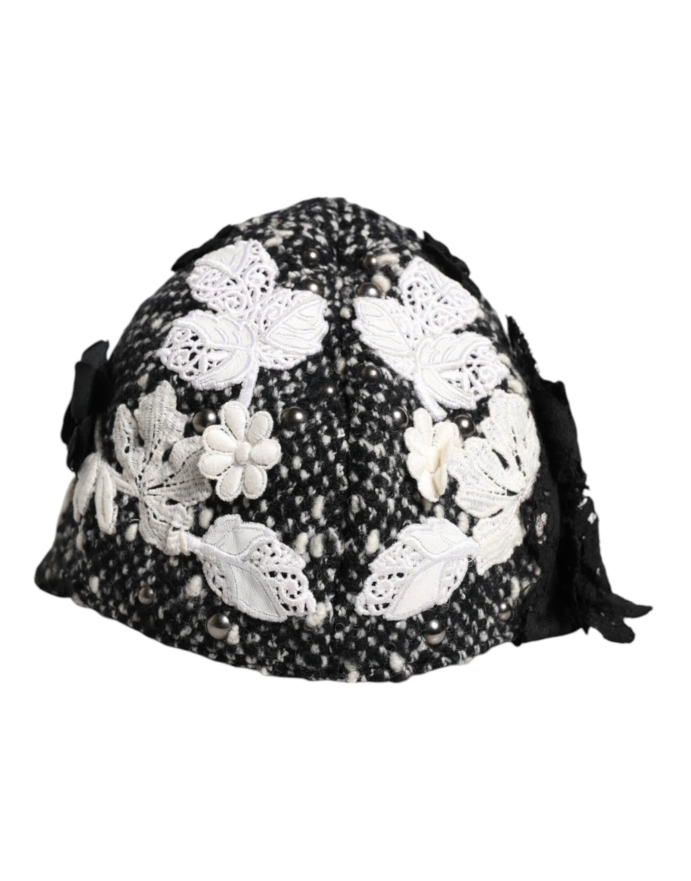 Dolce & Gabbana Black Wool White Floral Embellished Cloche Hat - Hats