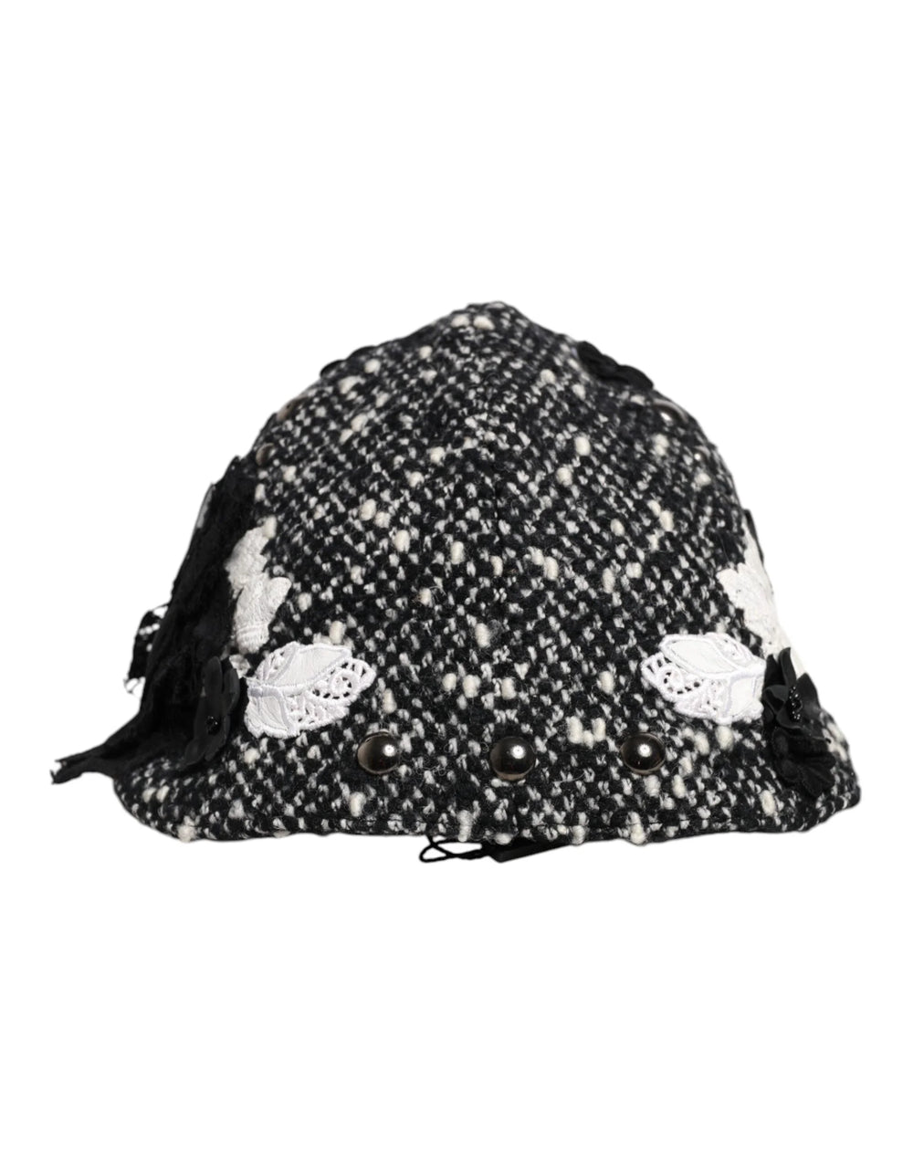 Dolce & Gabbana Black Wool White Floral Embellished Cloche Hat - Hats