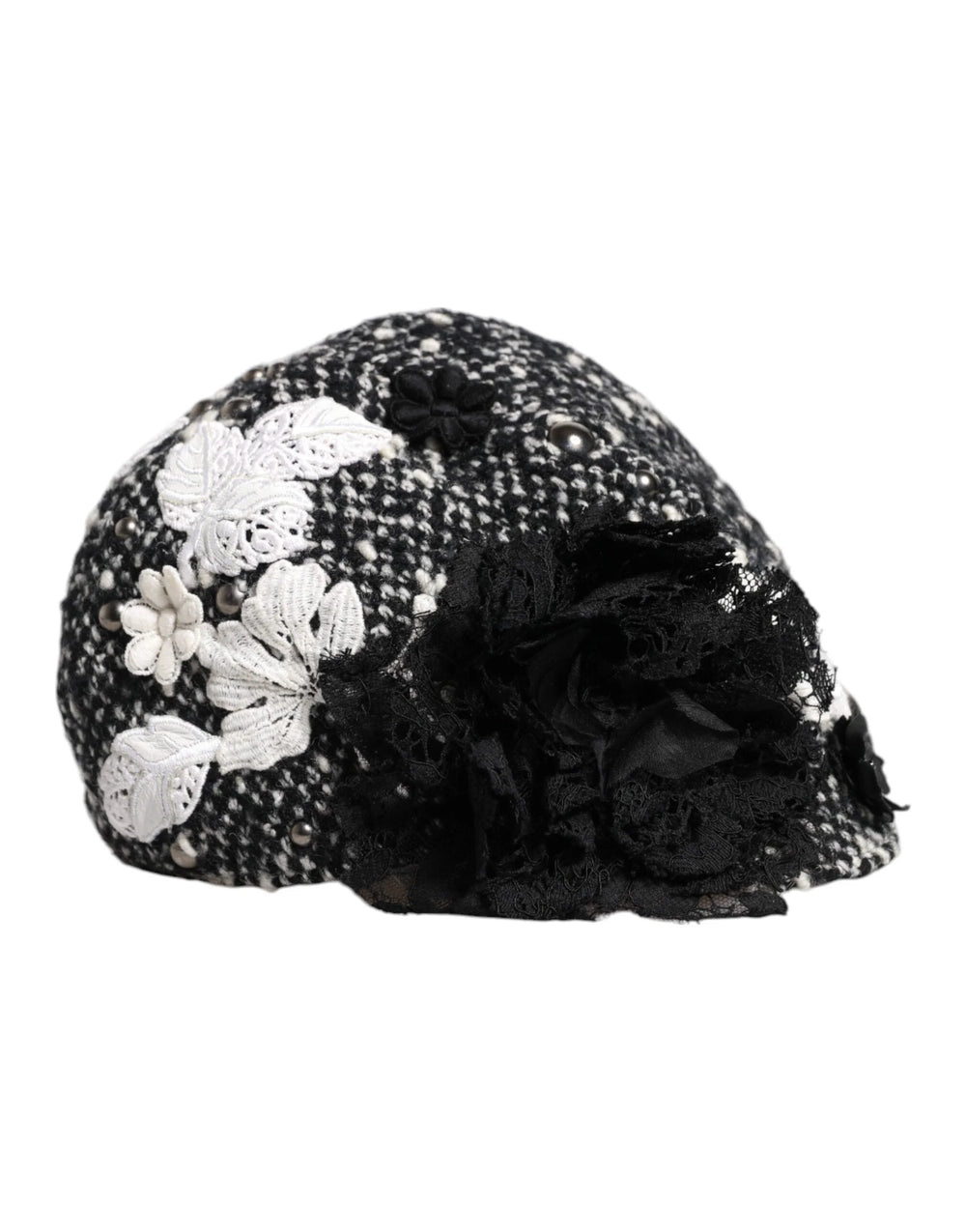 Dolce & Gabbana Black Wool White Floral Embellished Cloche Hat - Hats