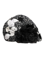 Dolce & Gabbana Black Wool White Floral Embellished Cloche Hat - Hats