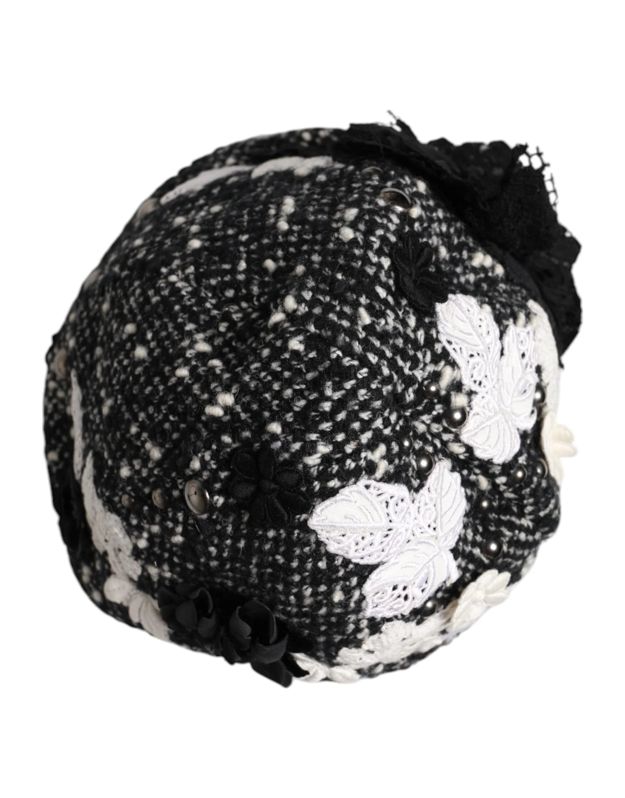 Dolce & Gabbana Black Wool White Floral Embellished Cloche Hat - Hats