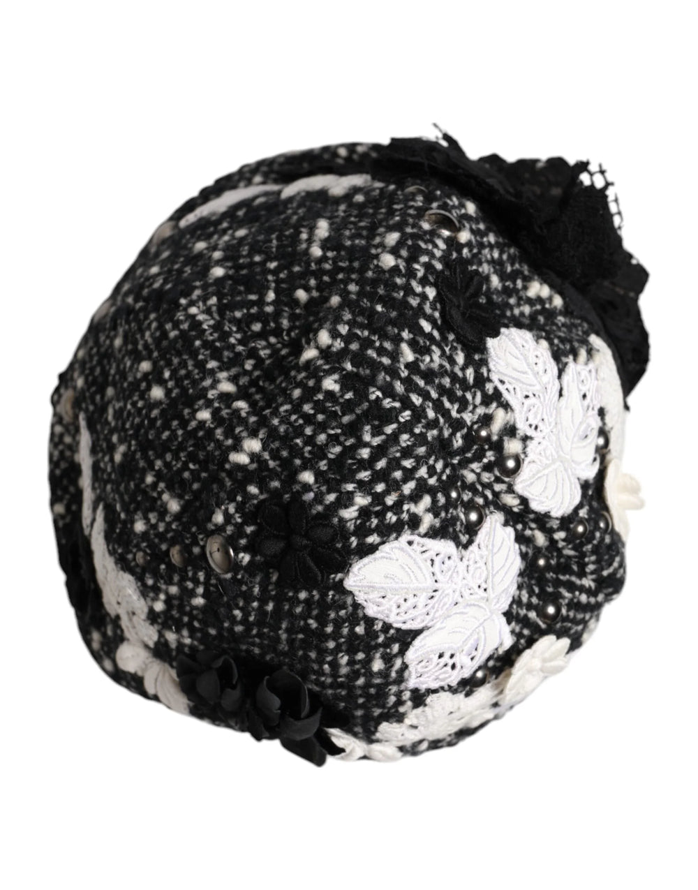 Dolce & Gabbana Black Wool White Floral Embellished Cloche Hat - Hats