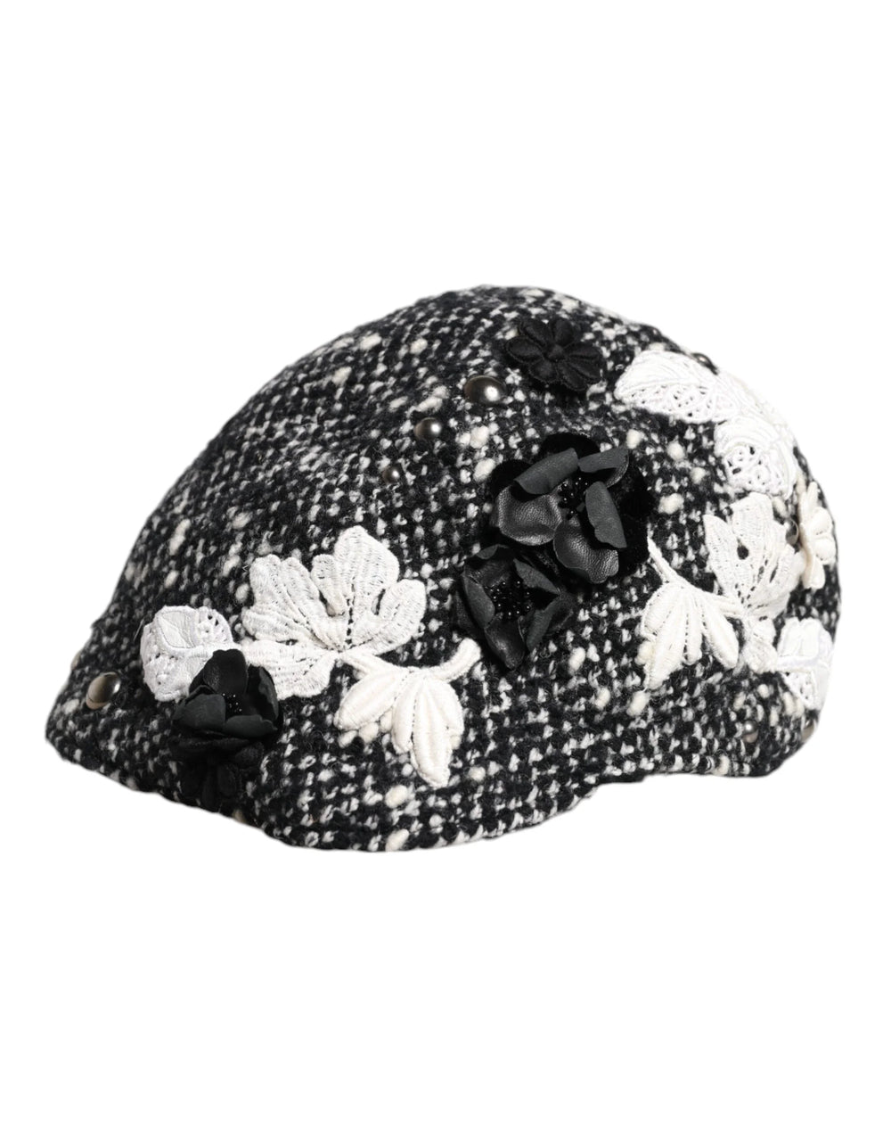 Dolce & Gabbana Black Wool White Floral Embellished Cloche Hat - Hats