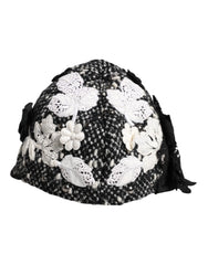 Dolce & Gabbana Black Wool White Floral Embellished Cloche Hat - Hats