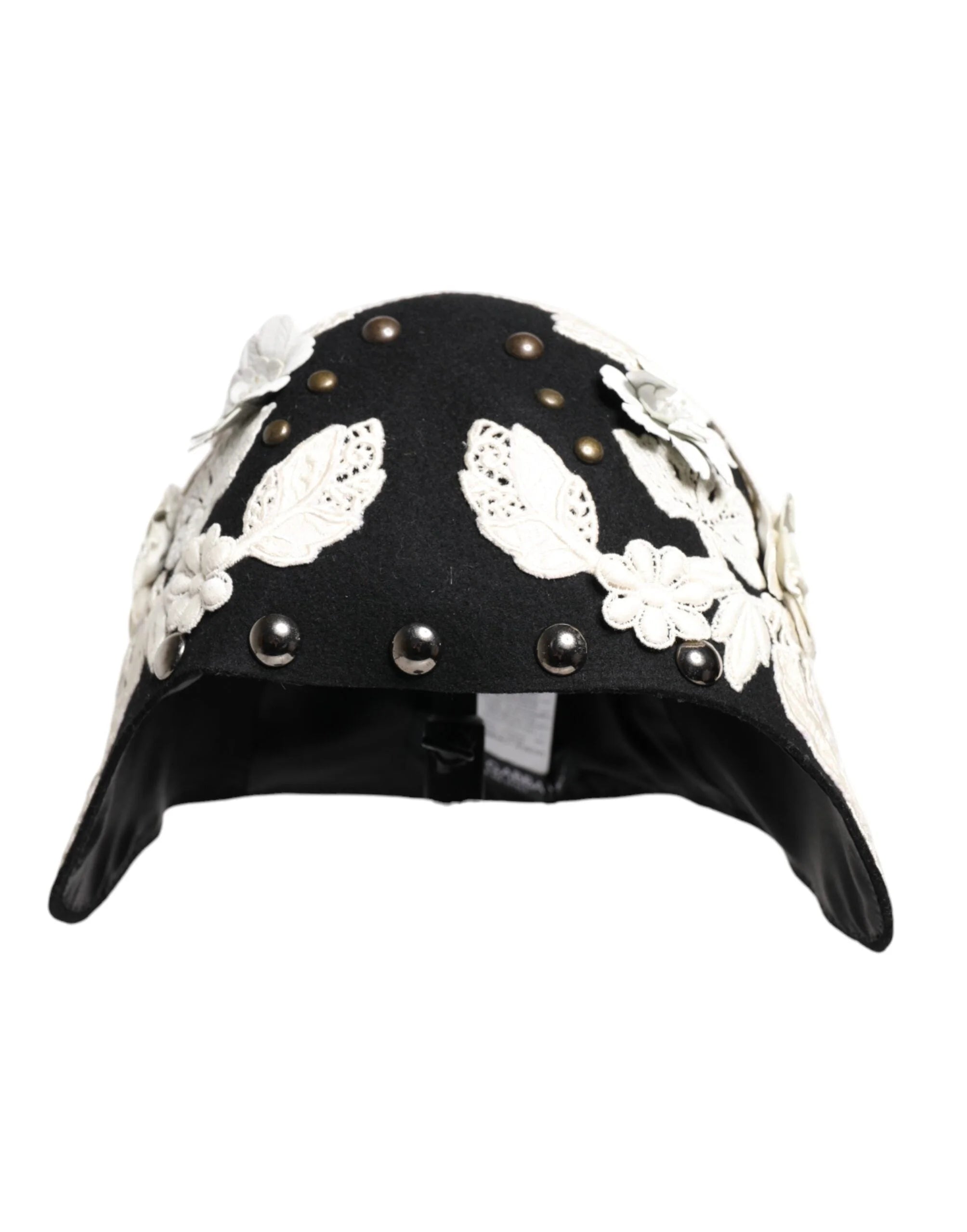 Dolce & Gabbana Black Wool White Floral Gold Leaf Cloche Hat - Hats