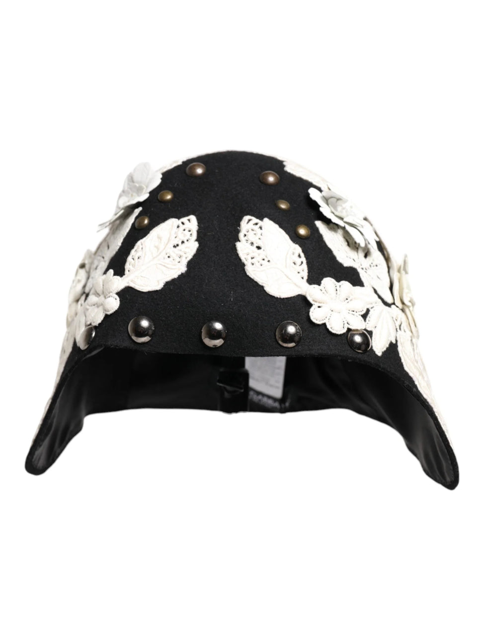 Dolce & Gabbana Black Wool White Floral Gold Leaf Cloche Hat - Hats