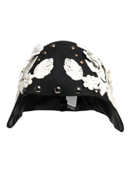 Dolce & Gabbana Black Wool White Floral Gold Leaf Cloche Hat - Hats