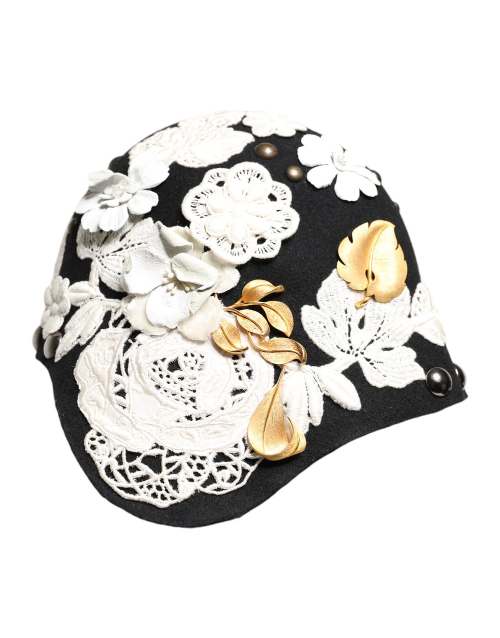 Dolce & Gabbana Black Wool White Floral Gold Leaf Cloche Hat - Hats
