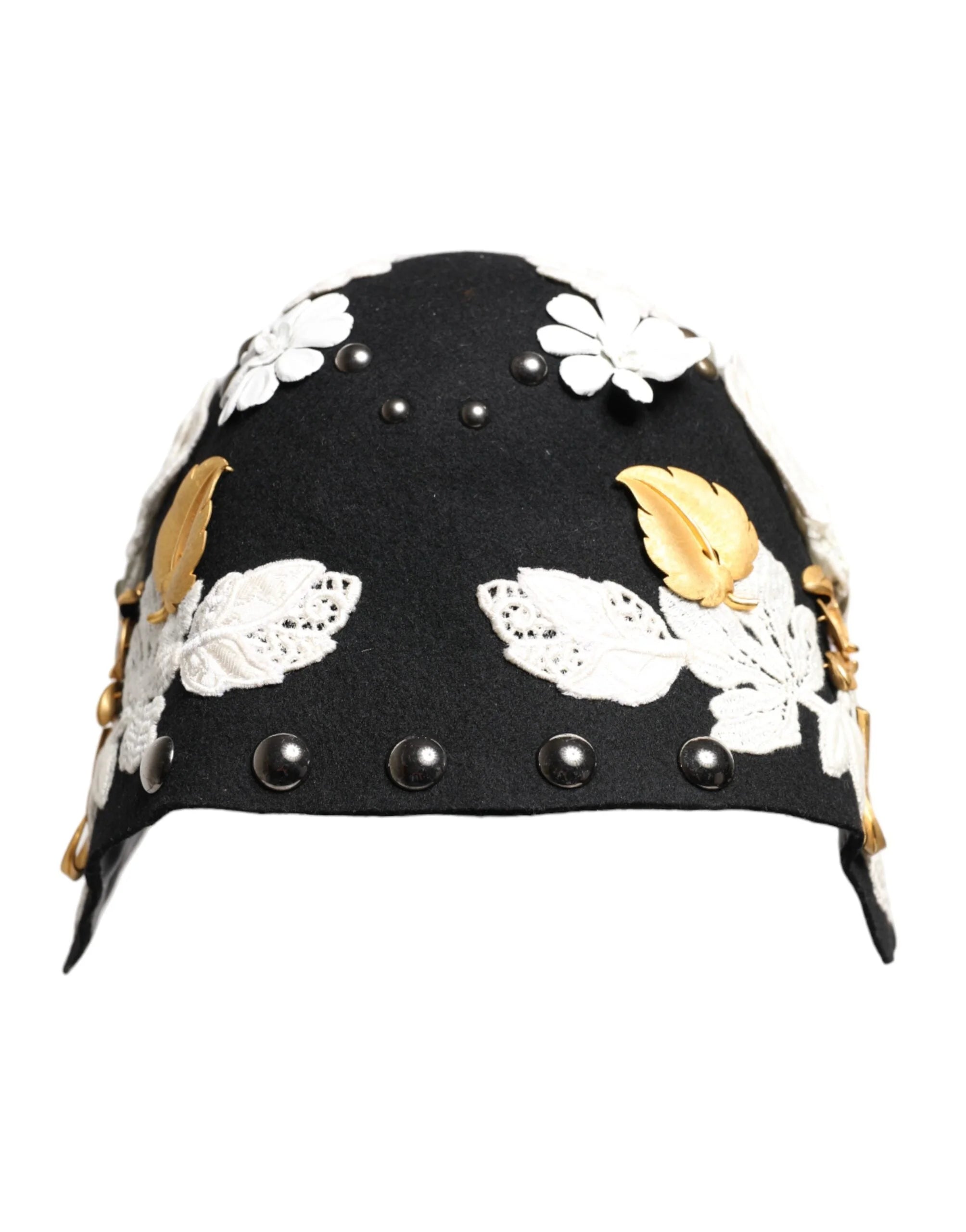 Dolce & Gabbana Black Wool White Floral Gold Leaf Cloche Hat - Hats