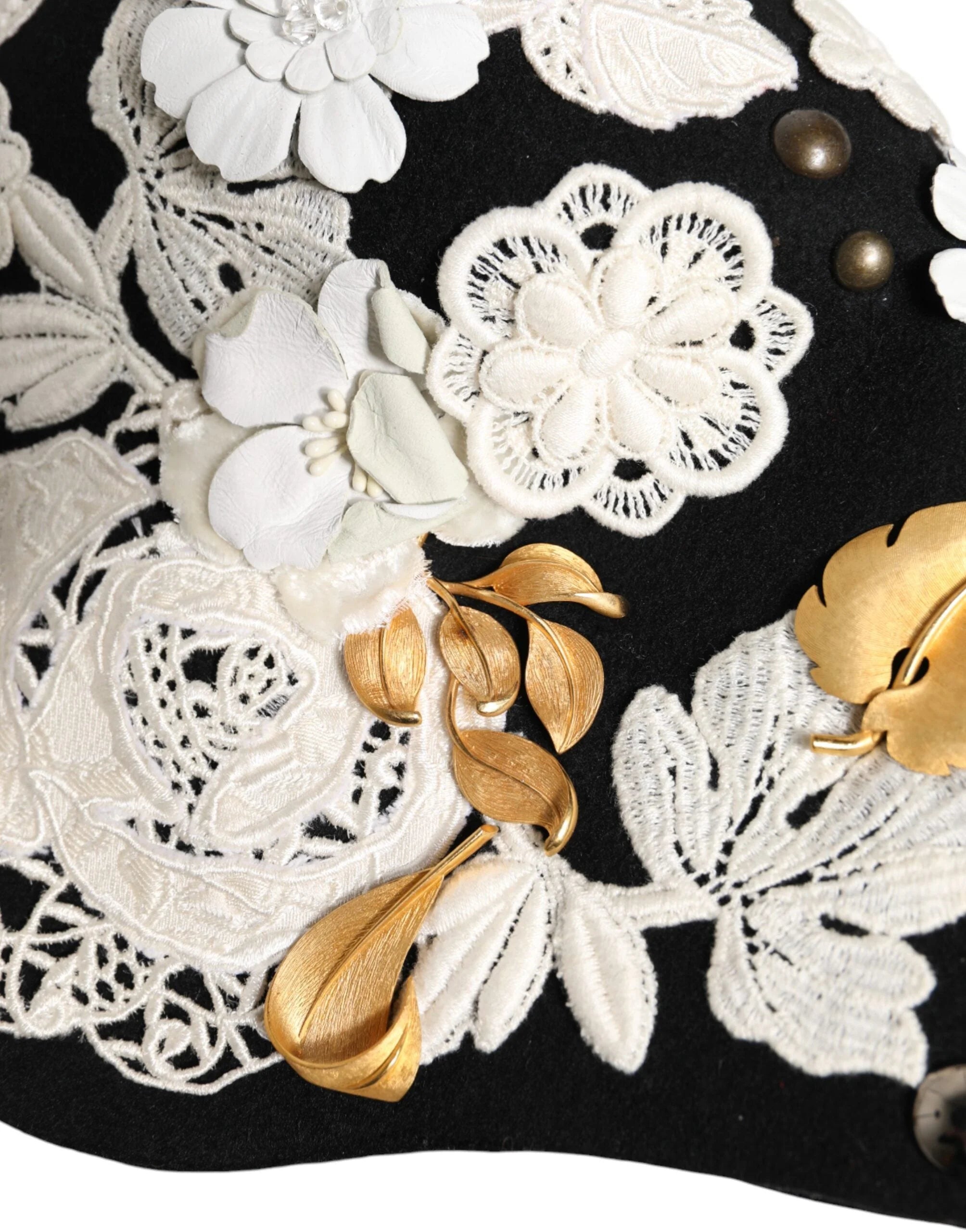 Dolce & Gabbana Black Wool White Floral Gold Leaf Cloche Hat - Hats
