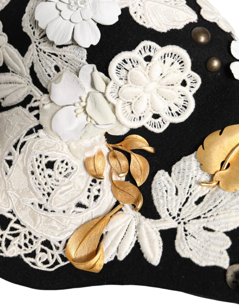Dolce & Gabbana Black Wool White Floral Gold Leaf Cloche Hat - Hats