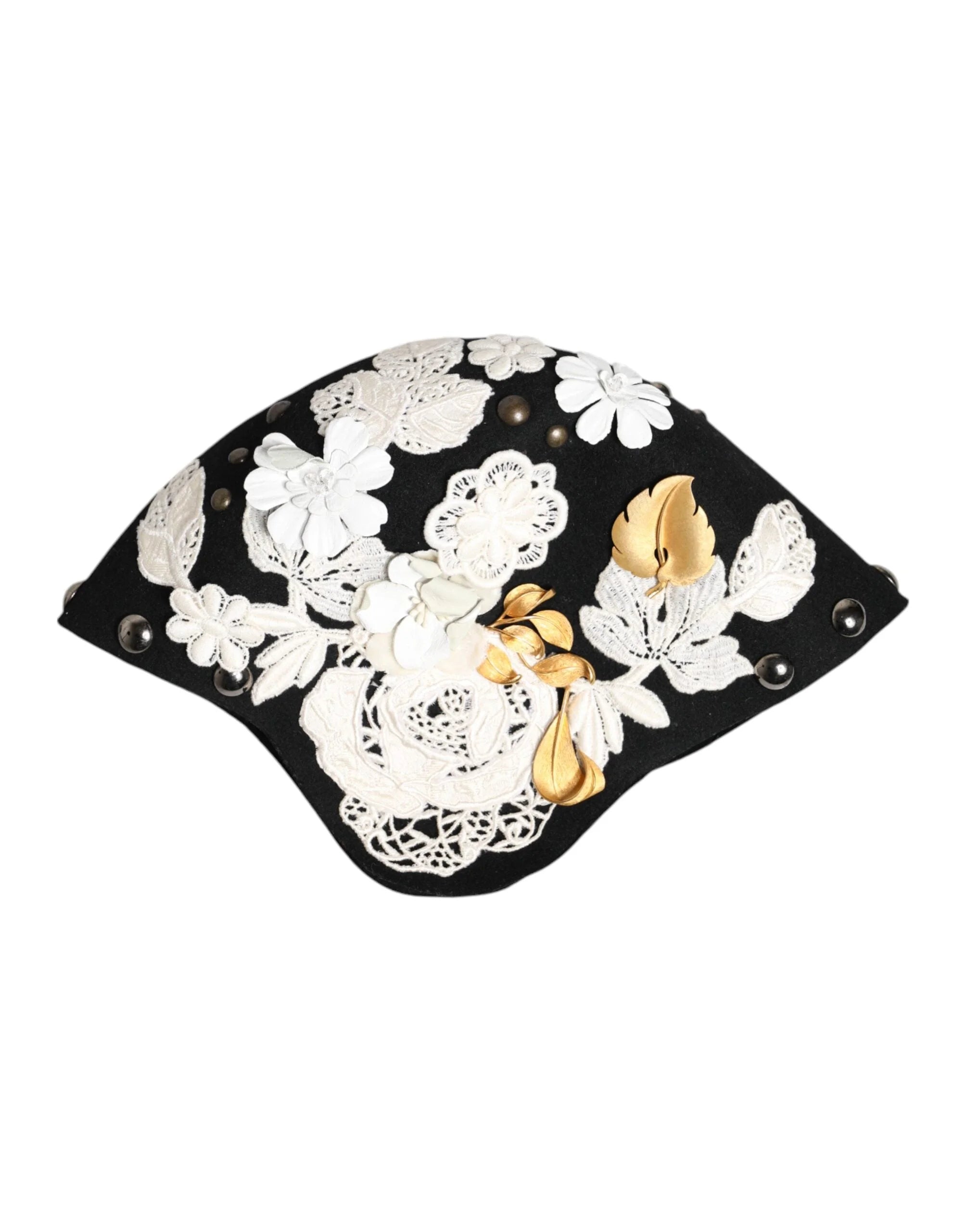 Dolce & Gabbana Black Wool White Floral Gold Leaf Cloche Hat - Hats