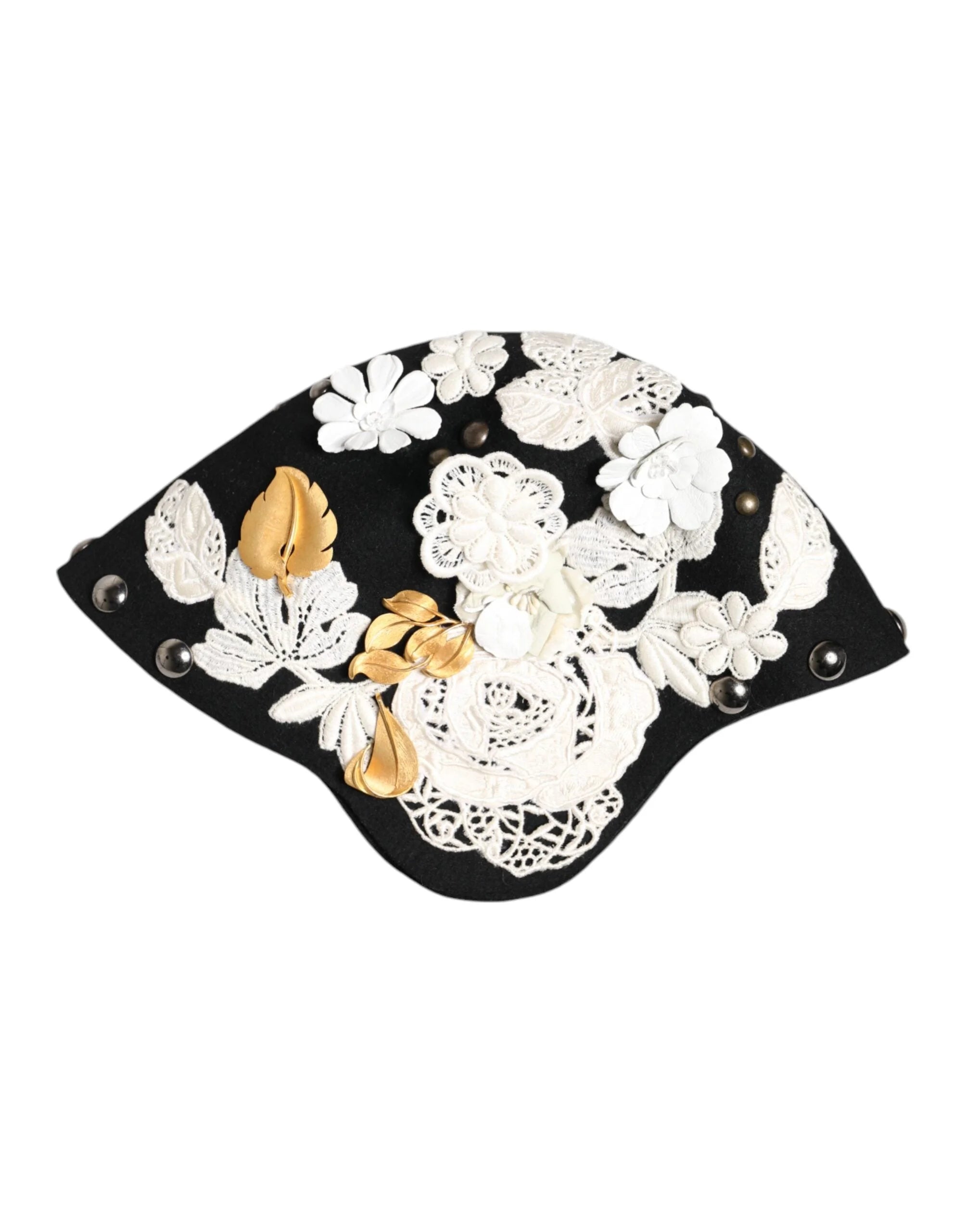 Dolce & Gabbana Black Wool White Floral Gold Leaf Cloche Hat - Hats