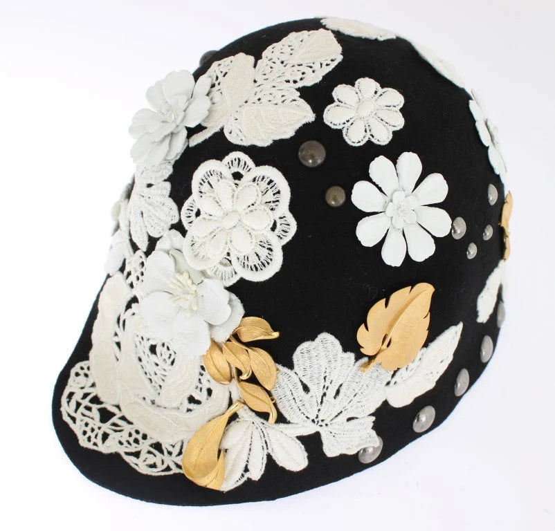 Dolce & Gabbana Black Wool White Floral Gold Leaf Hat - Hats
