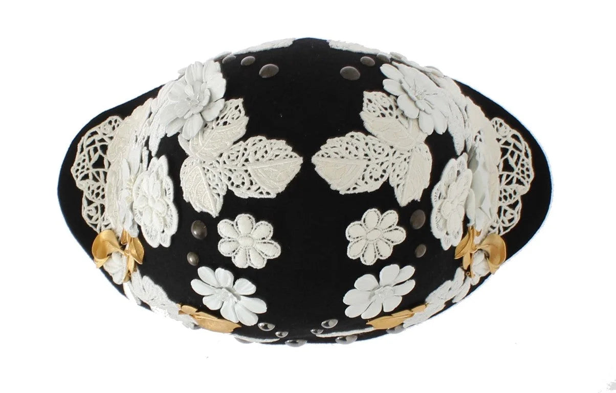 Dolce & Gabbana Black Wool White Floral Gold Leaf Hat - Hats