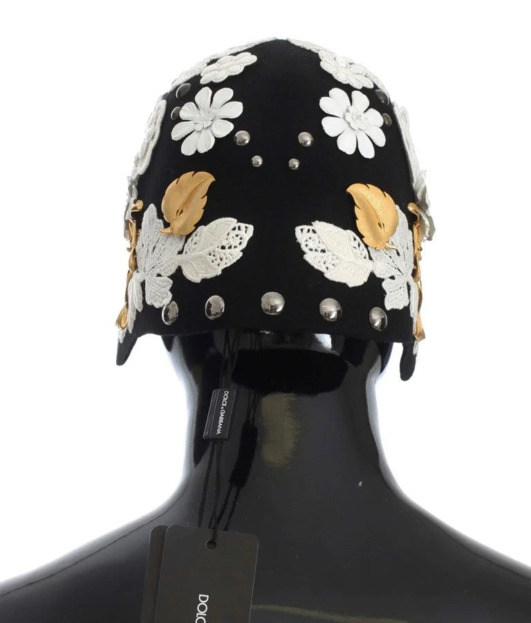 Dolce & Gabbana Black Wool White Floral Gold Leaf Hat - Hats