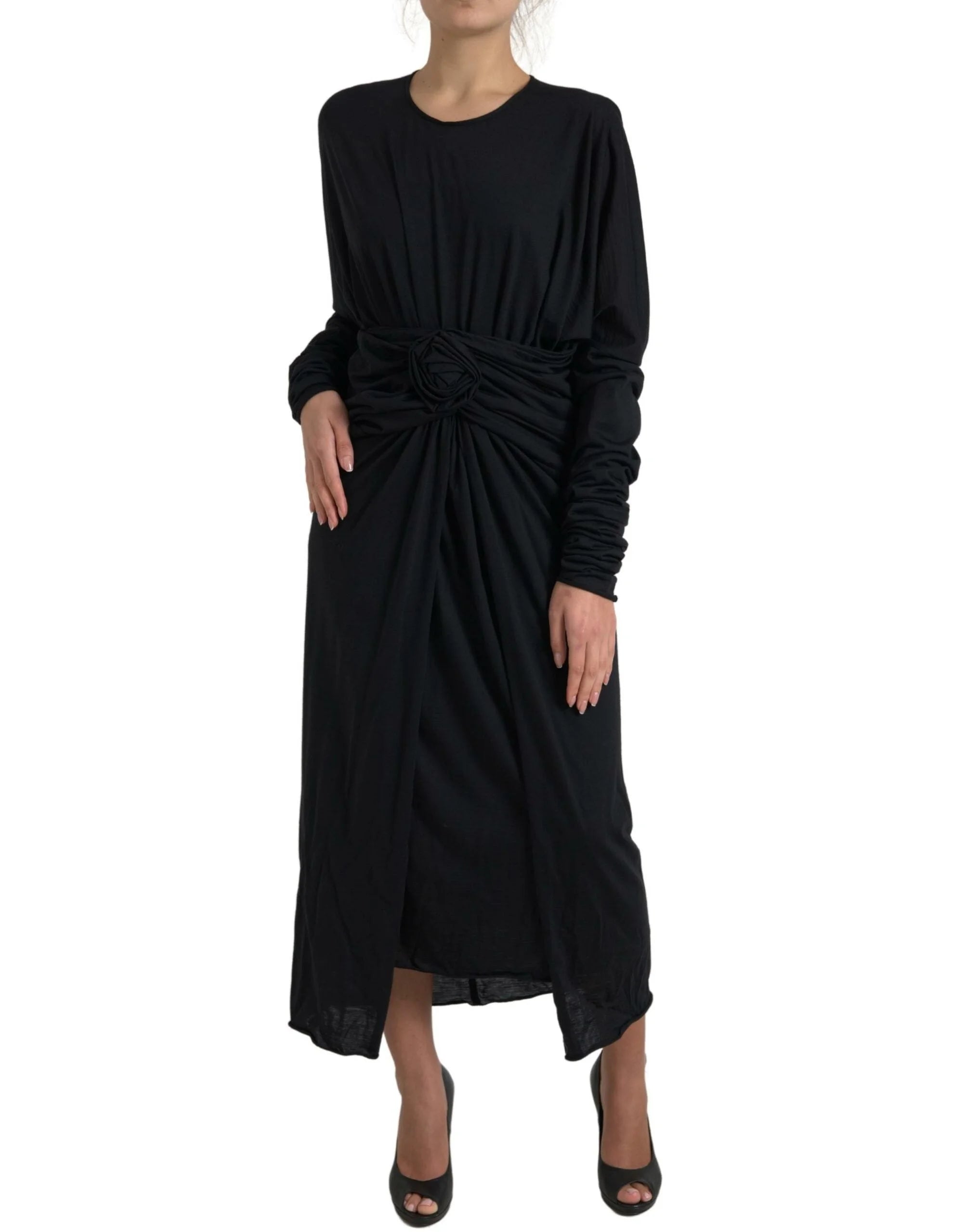 Dolce & Gabbana Black Wool Wrap Sheath Midi Gown Dress - Dresses