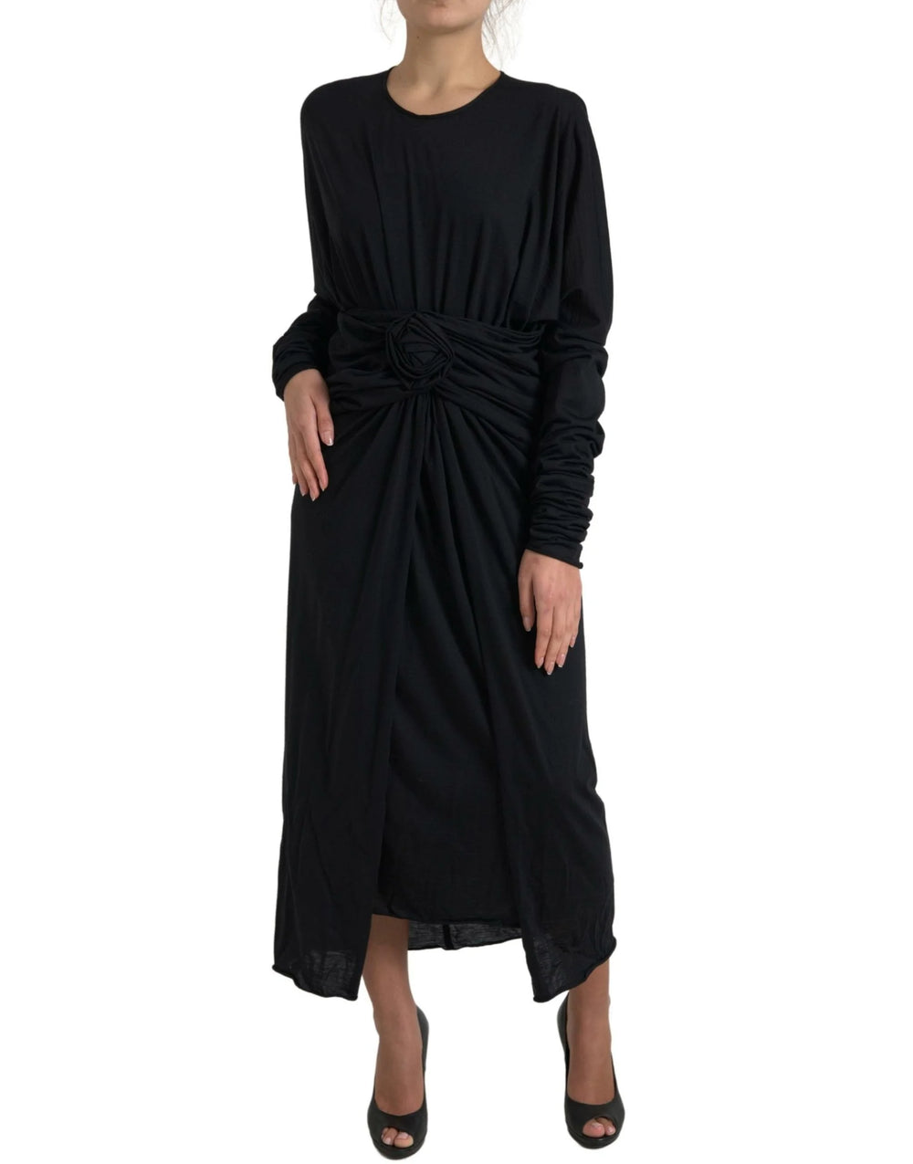 Dolce & Gabbana Black Wool Wrap Sheath Midi Gown Dress - Dresses