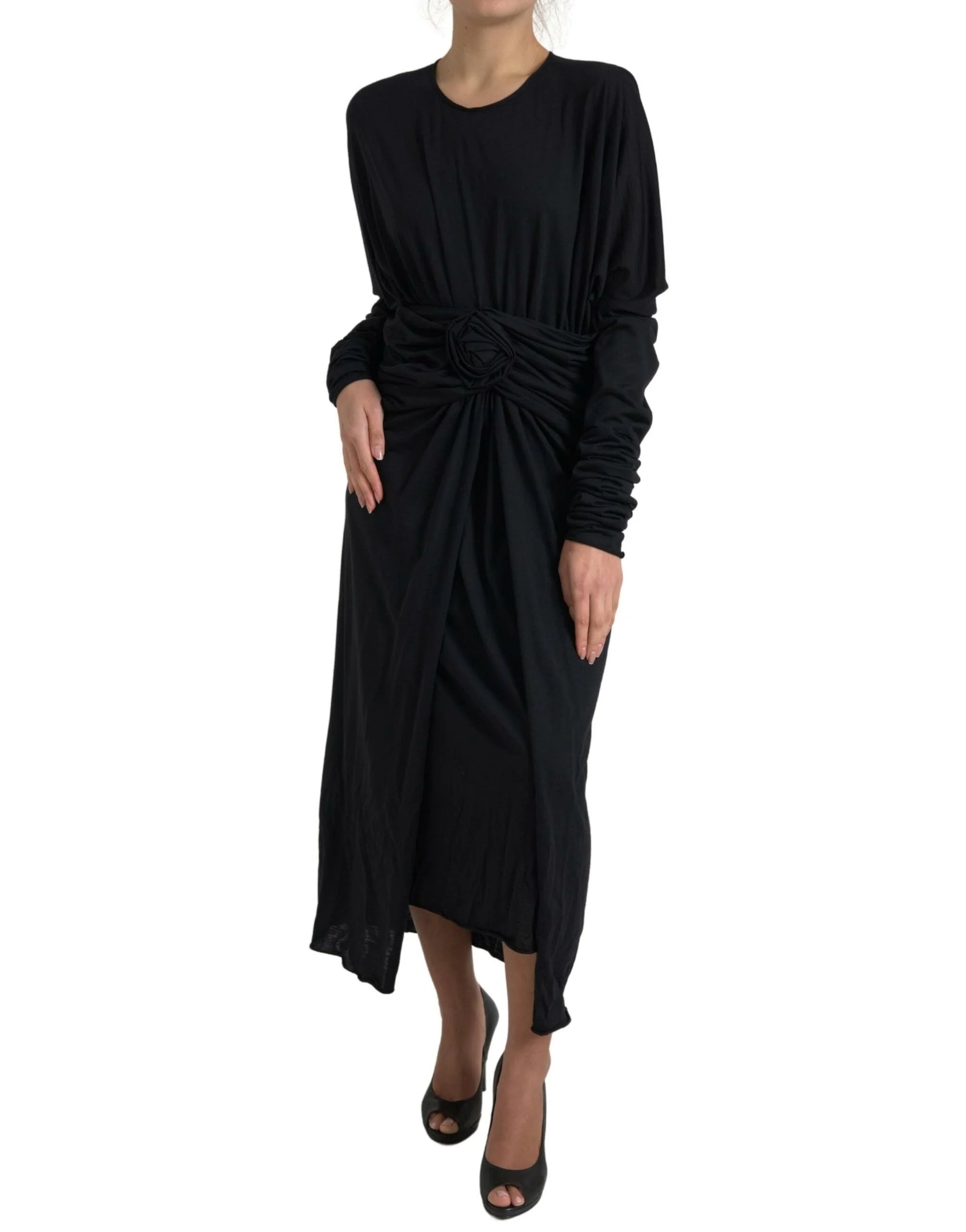 Dolce & Gabbana Black Wool Wrap Sheath Midi Gown Dress - Dresses