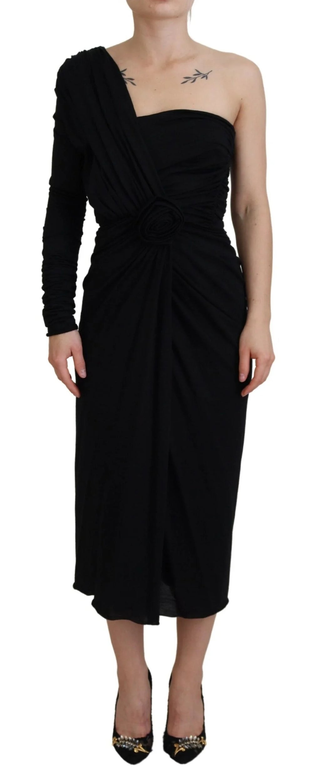 Dolce & Gabbana Black Wrap Sheath One Shoulder Wool Dress - Dresses