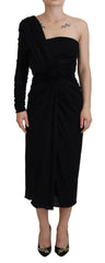 Dolce & Gabbana Black Wrap Sheath One Shoulder Wool Dress - Dresses