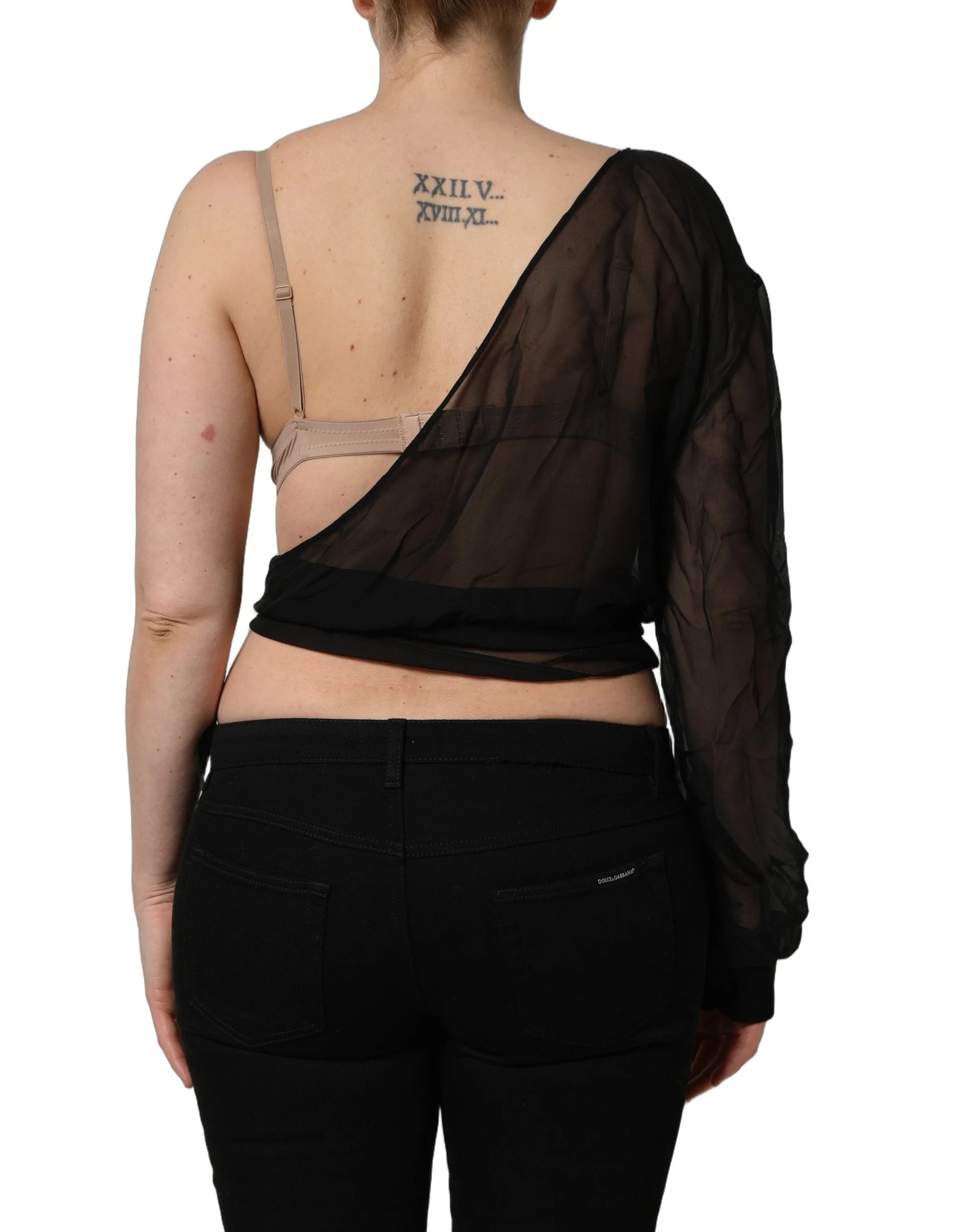 Dolce & Gabbana Black Wrap Sheer Chiffon One Shoulder Top - IT40|S