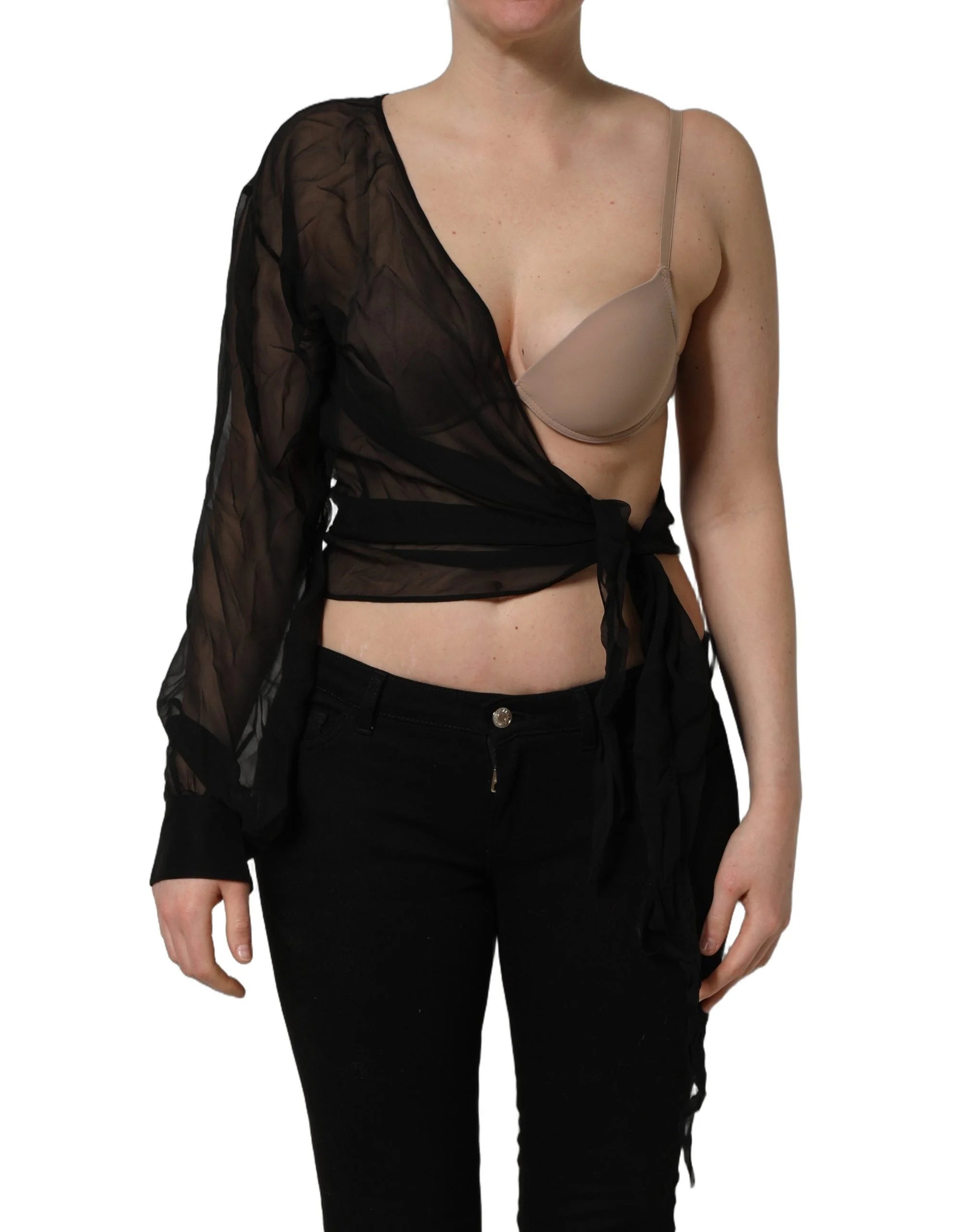 Dolce & Gabbana Black Wrap Sheer Chiffon One Shoulder Top - IT40|S