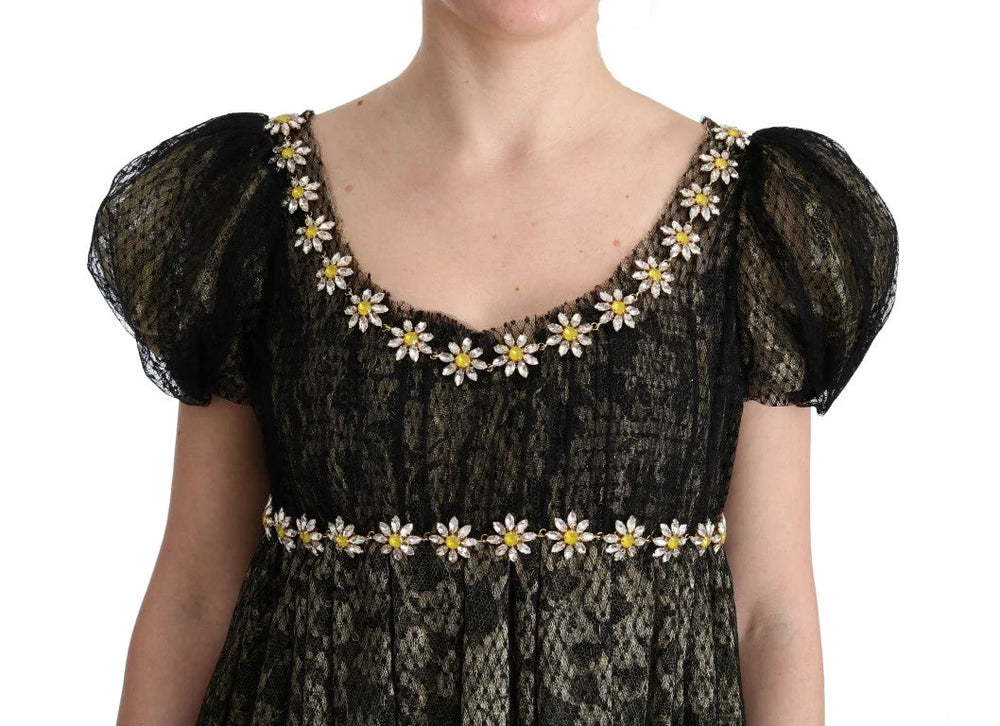 Dolce & Gabbana Black Yellow Crystal Lace Shift Dress - IT40|S - Dresses
