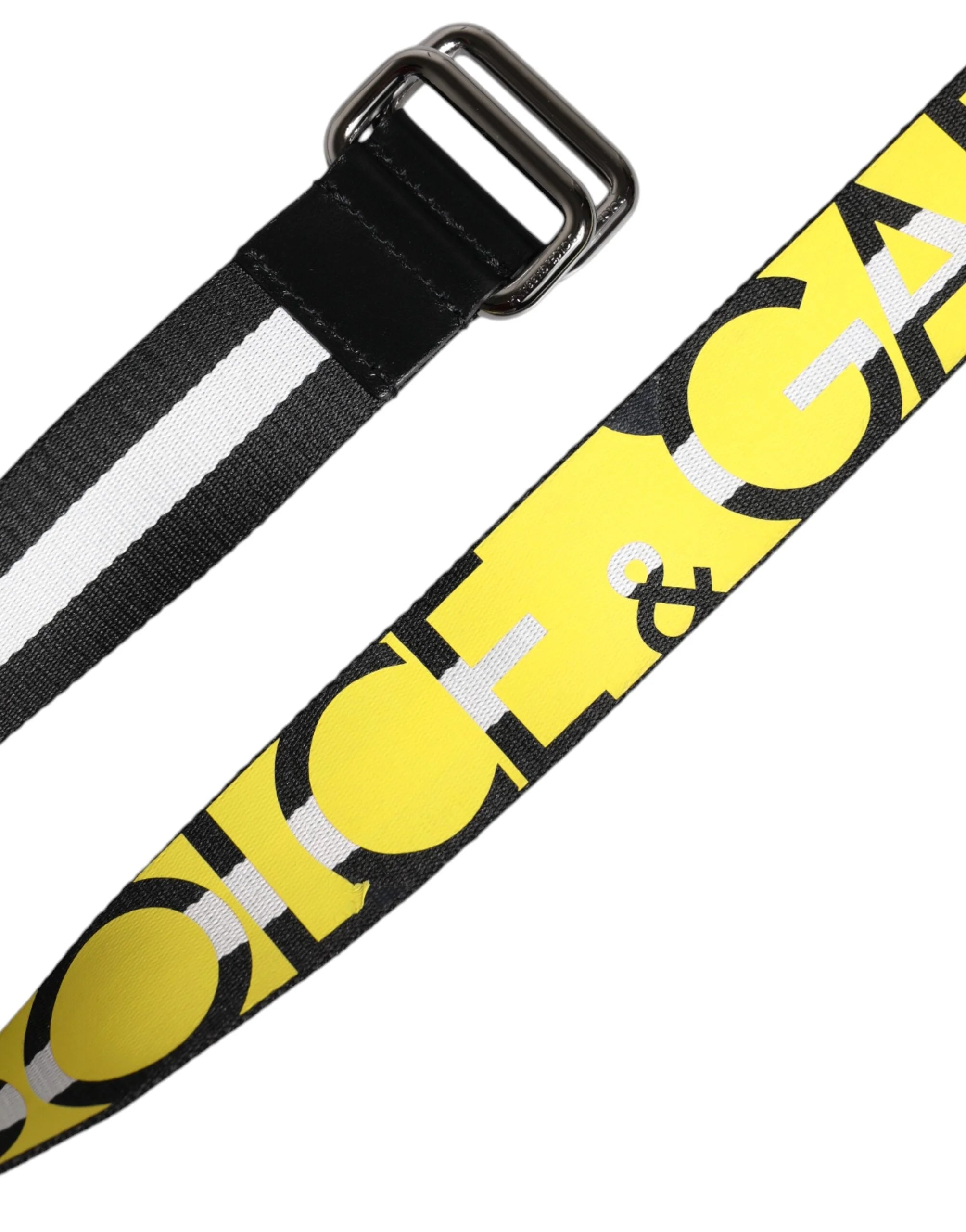 Dolce & Gabbana Black Yellow Logo Striped Metal Buckle Belt - Belts