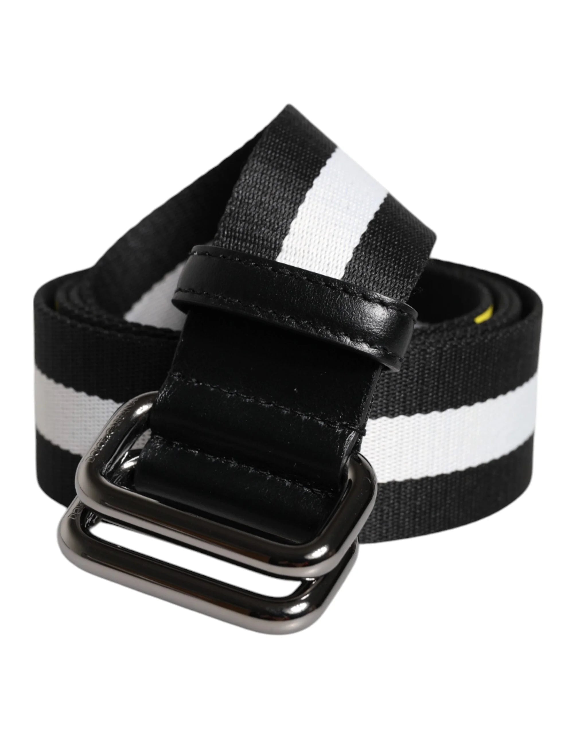 Dolce & Gabbana Black Yellow Logo Striped Metal Buckle Belt - Belts