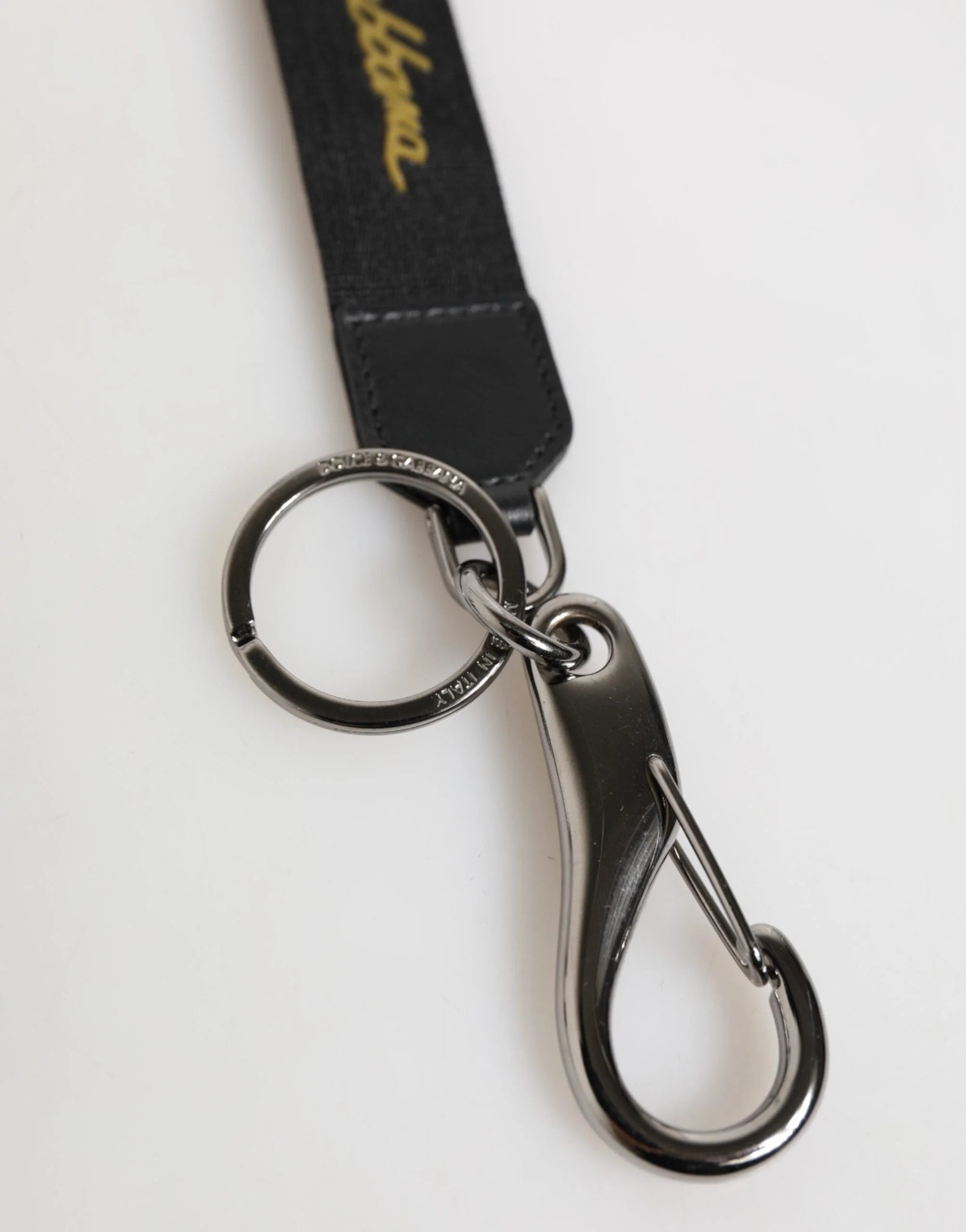 Dolce & Gabbana Black Yellow Polyester DG Logo Silver Keychain Keyring - Keychains