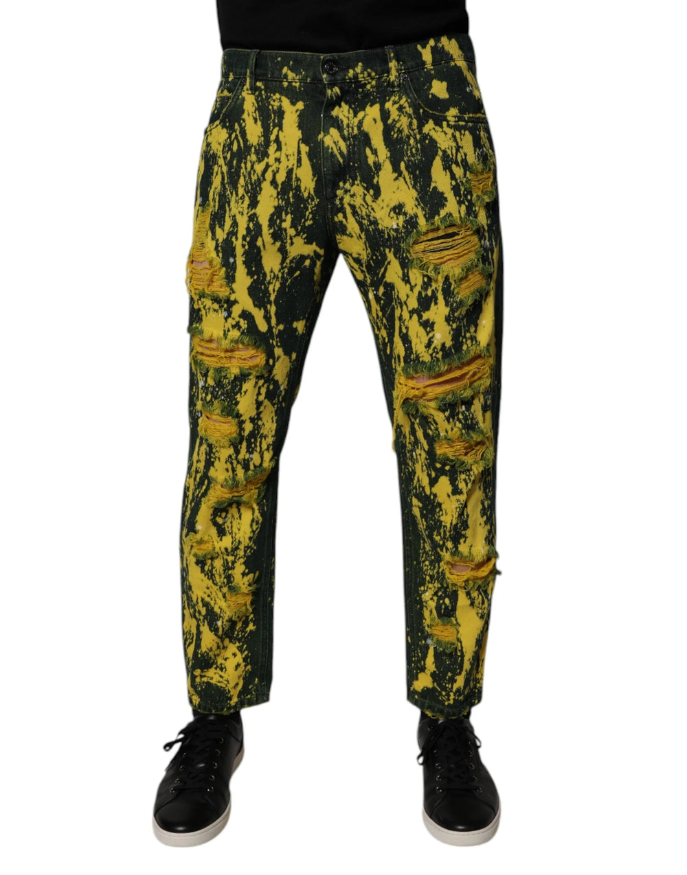 Dolce & Gabbana Black Yellow Tie Dye Tattered Skinny Men Denim Jeans - IT48 | M - Jeans