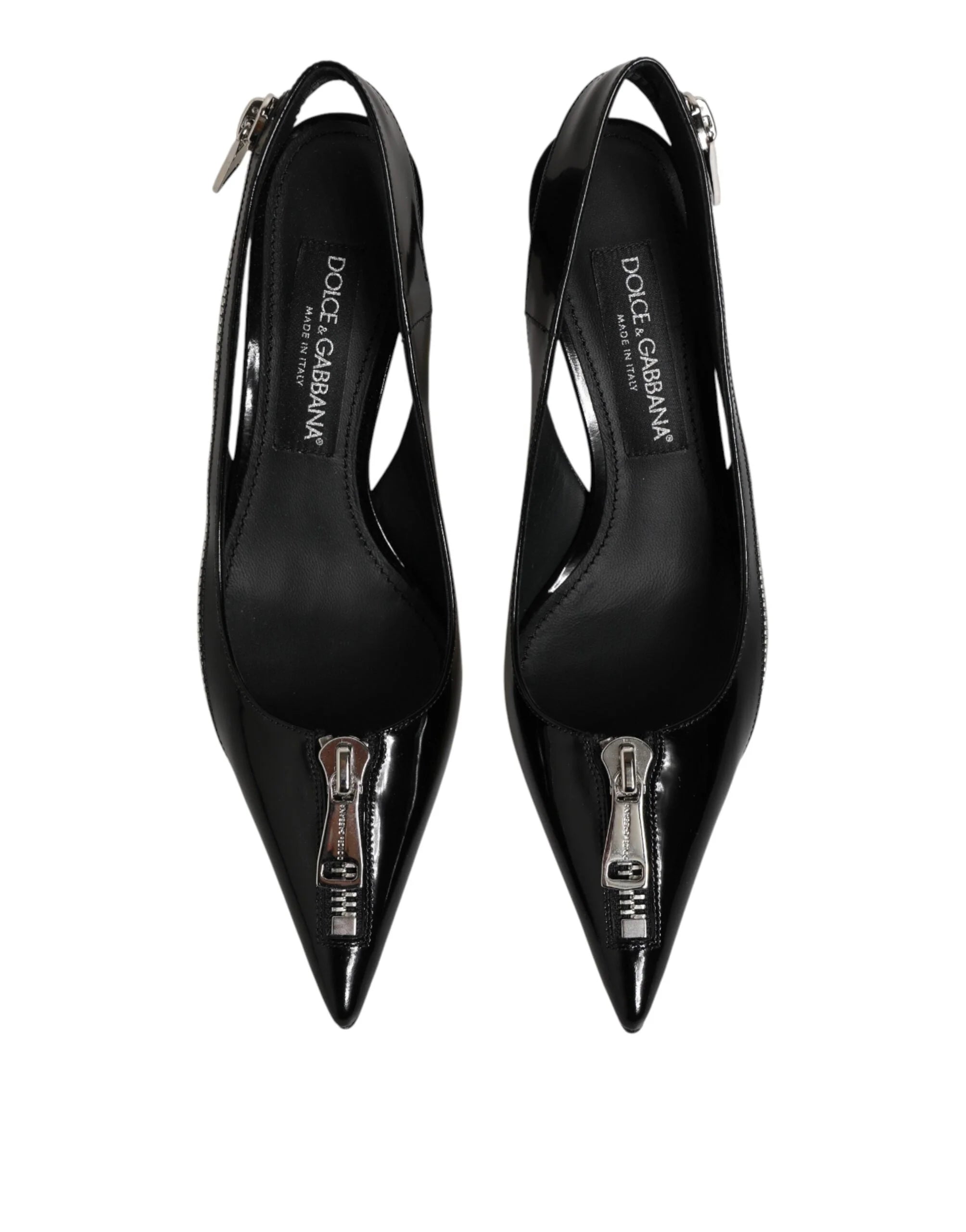 Dolce & Gabbana Black Zipper Leather Heels Slingbacks Shoes - EU37/US6.5 - Heels