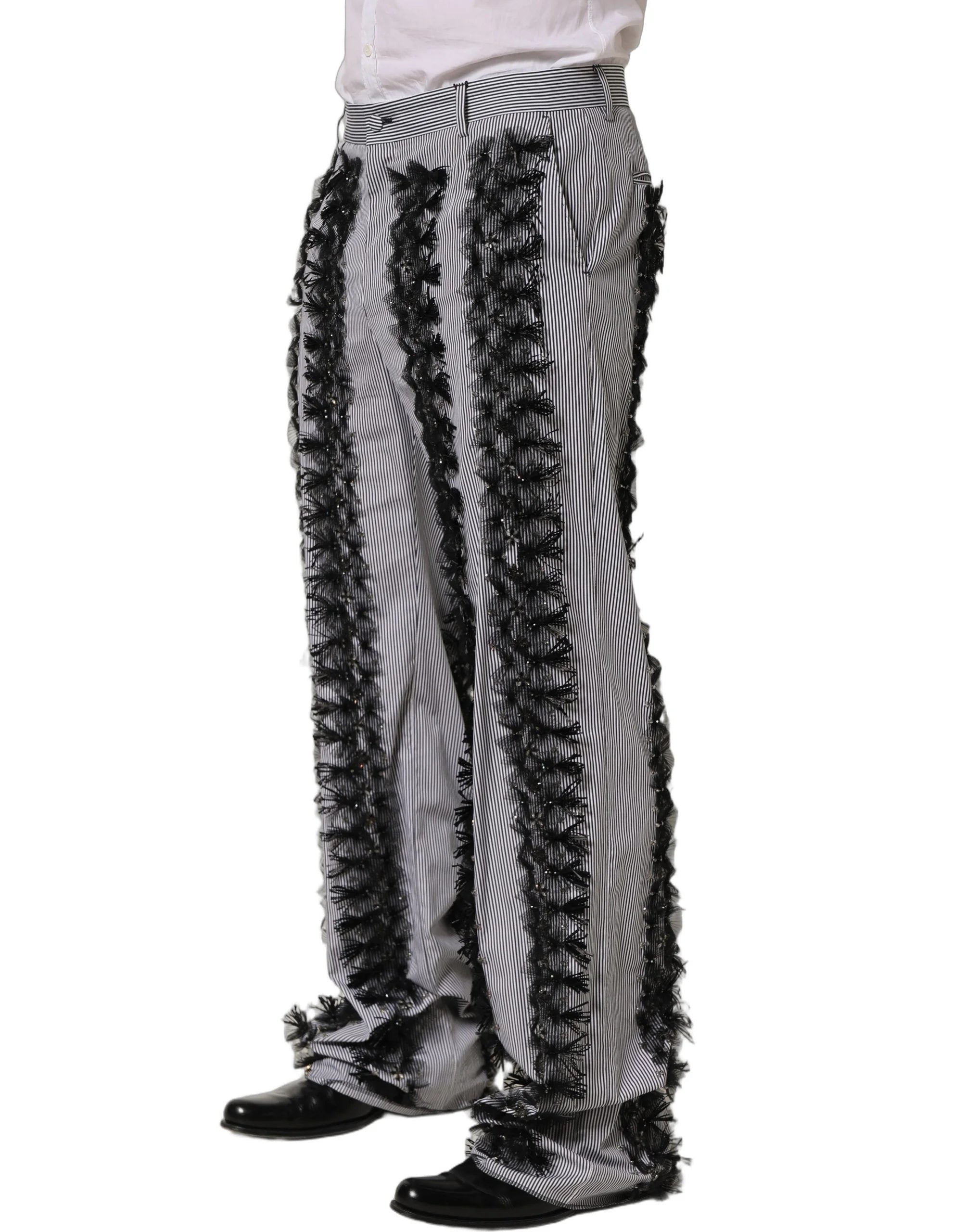 Dolce & Gabbana BlackGray Pinstripe Embellished Trouser Pants - IT48 | M