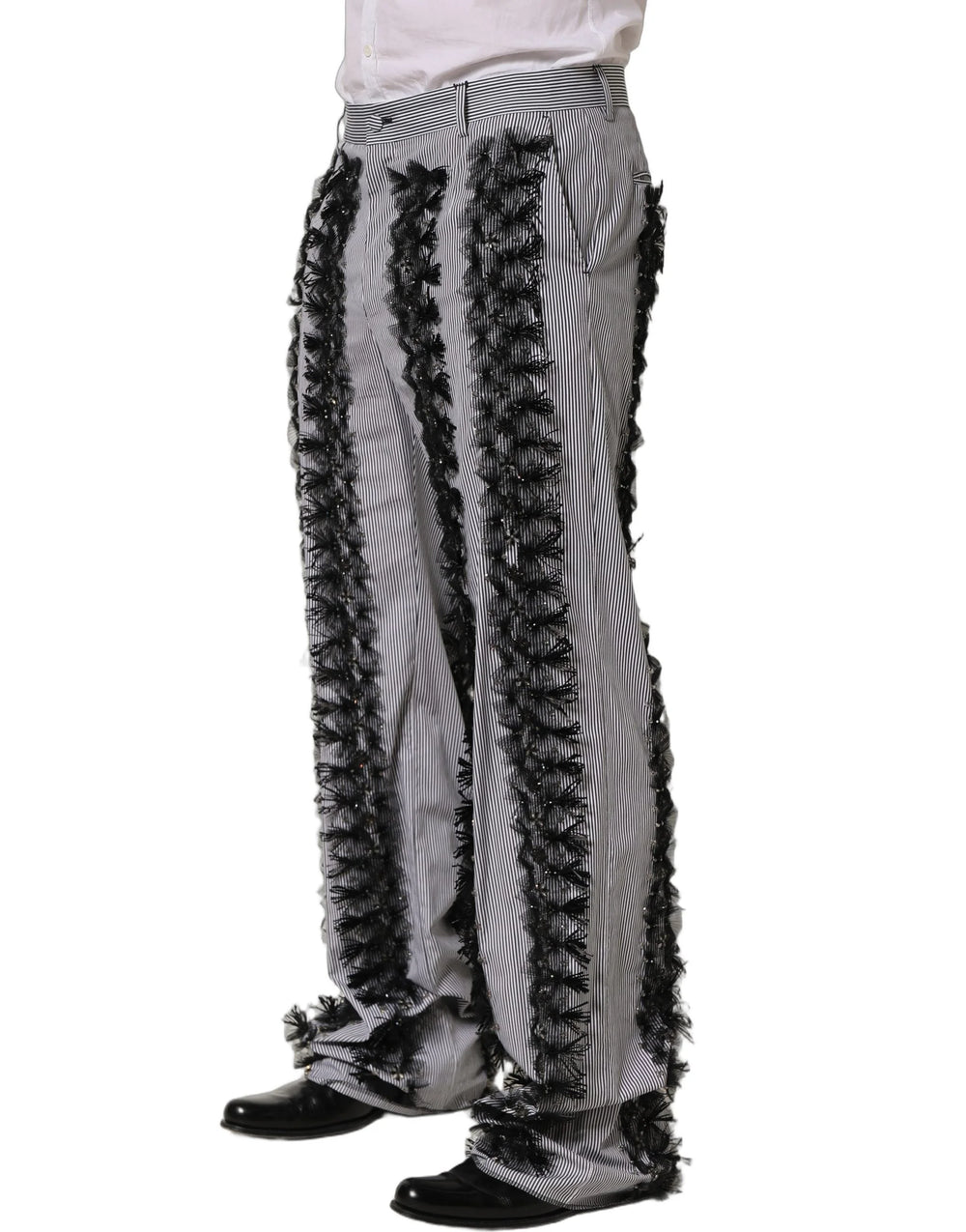 Dolce & Gabbana BlackGray Pinstripe Embellished Trouser Pants - IT48 | M