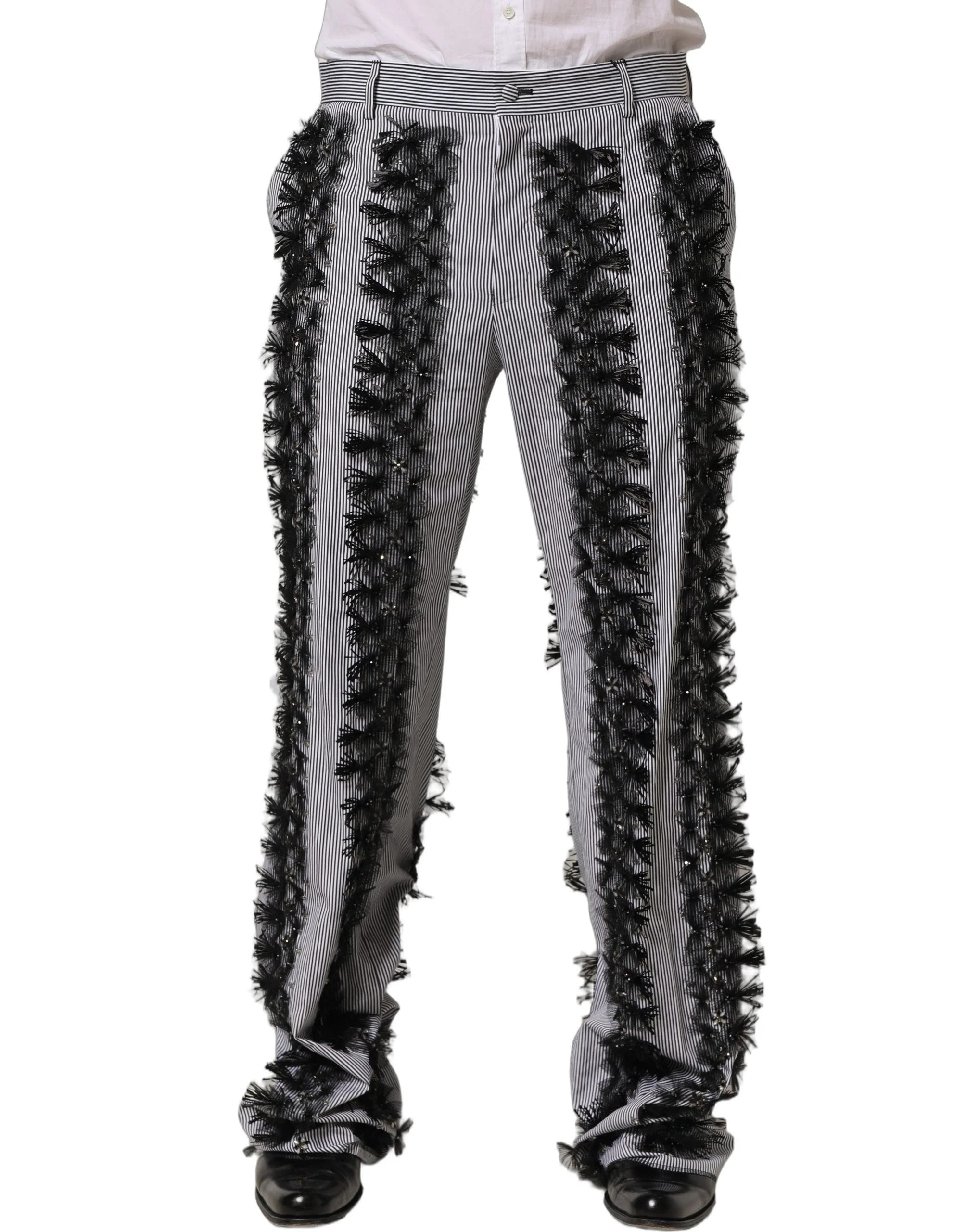 Dolce & Gabbana BlackGray Pinstripe Embellished Trouser Pants - IT48 | M